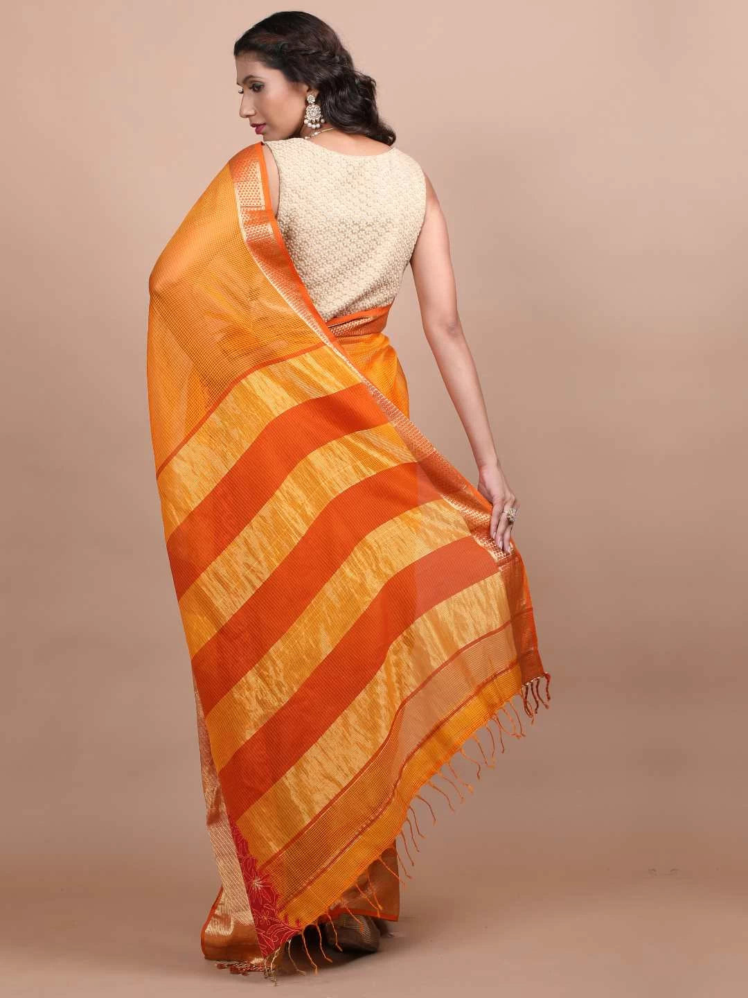 Ada Hand Embroidered Mustard Chanderi Lucknowi Chikankari Saree/ Blouse With Zari Work 01A66465