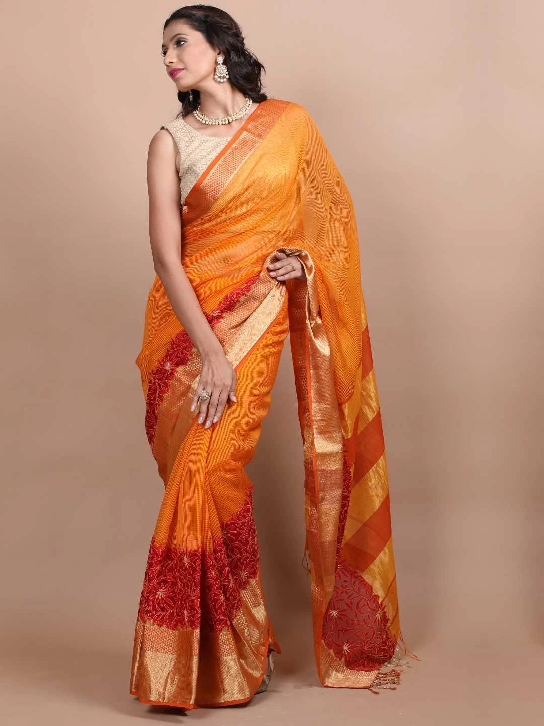 Ada Hand Embroidered Mustard Chanderi Lucknowi Chikankari Saree/ Blouse With Zari Work 01A66465