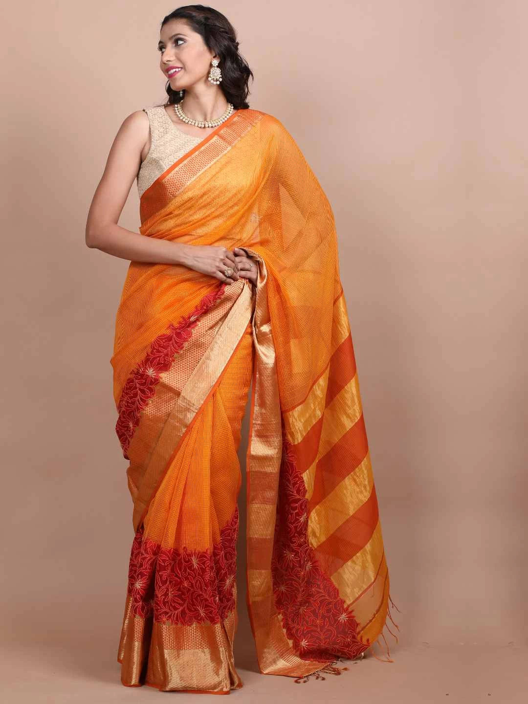 Ada Hand Embroidered Mustard Chanderi Lucknowi Chikankari Saree/ Blouse With Zari Work 01A66465