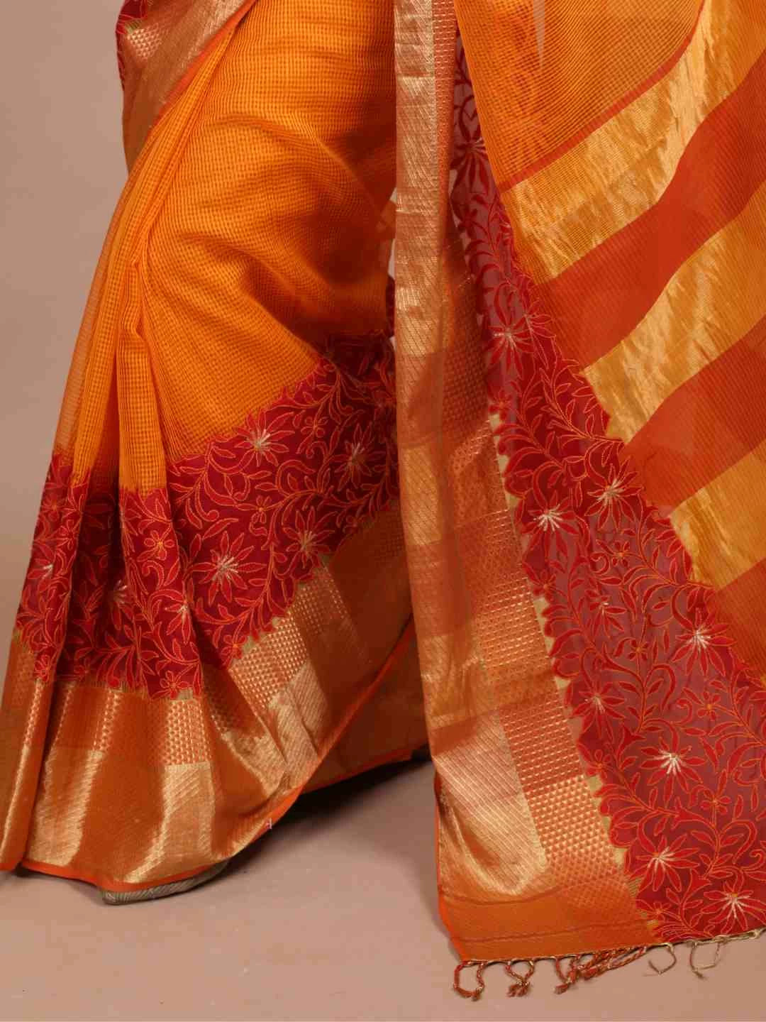 Ada Hand Embroidered Mustard Chanderi Lucknowi Chikankari Saree/ Blouse With Zari Work 01A66465