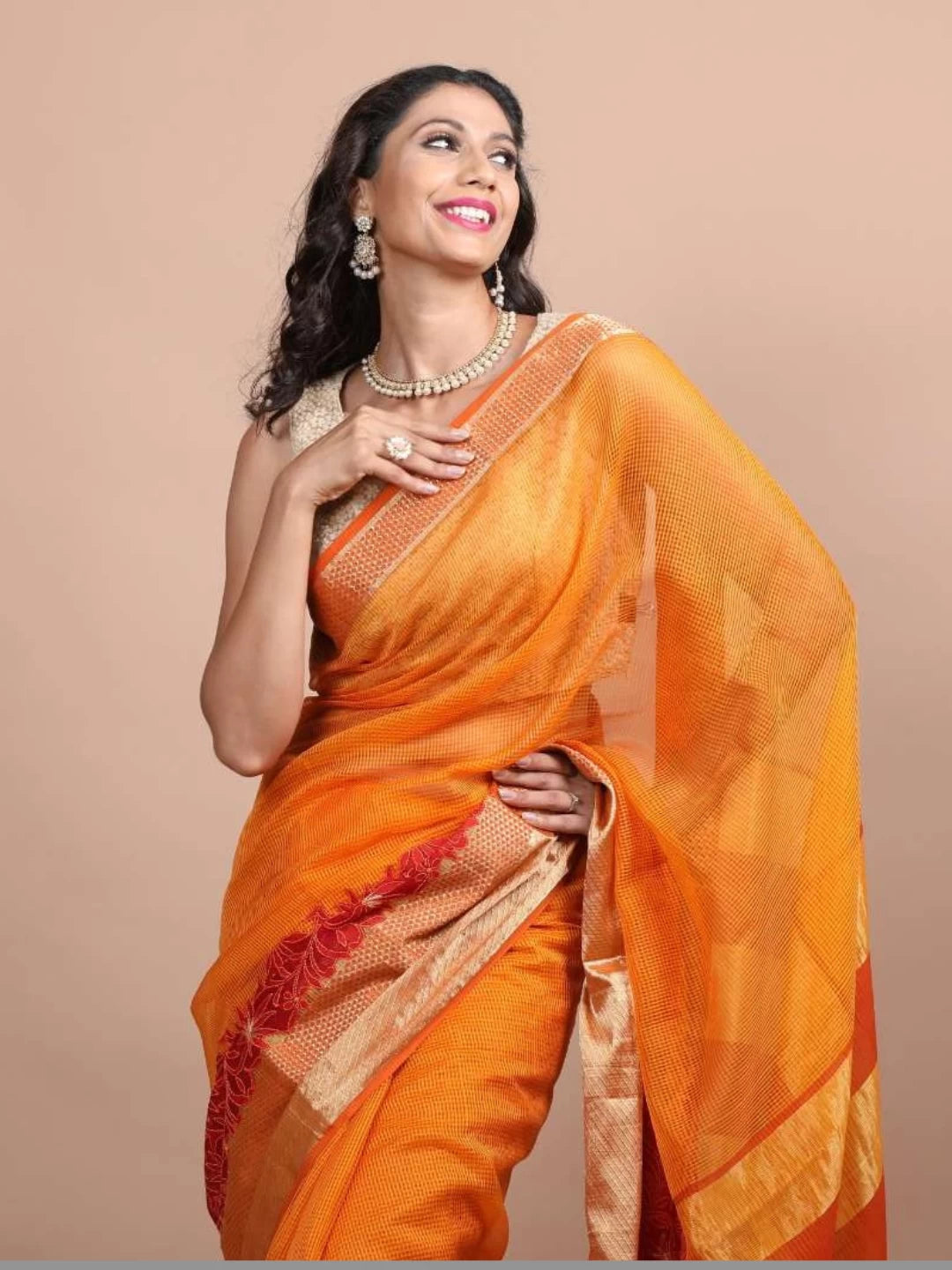 Ada Hand Embroidered Mustard Chanderi Lucknowi Chikankari Saree/ Blouse With Zari Work 01A66465