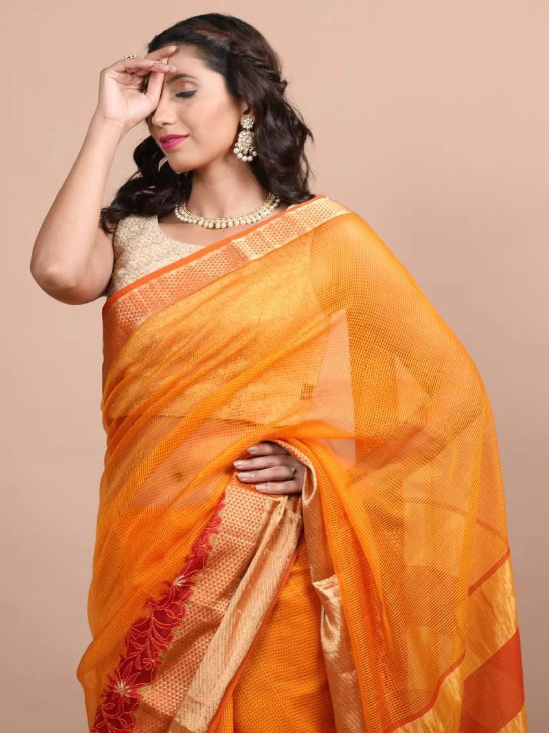 Ada Hand Embroidered Mustard Chanderi Lucknowi Chikankari Saree/ Blouse With Zari Work 01A66465