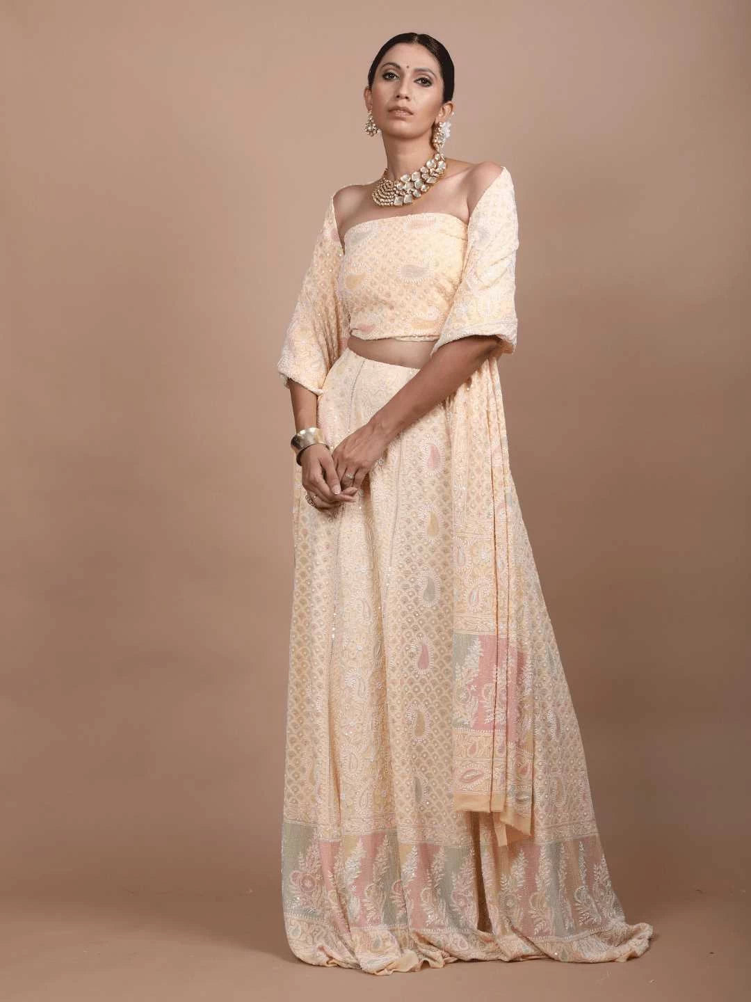 Ada Hand Embroidered Peach Puff Pure Georgette Lucknowi Chikankari Lehenga Set with Cutdana Work 01A179117