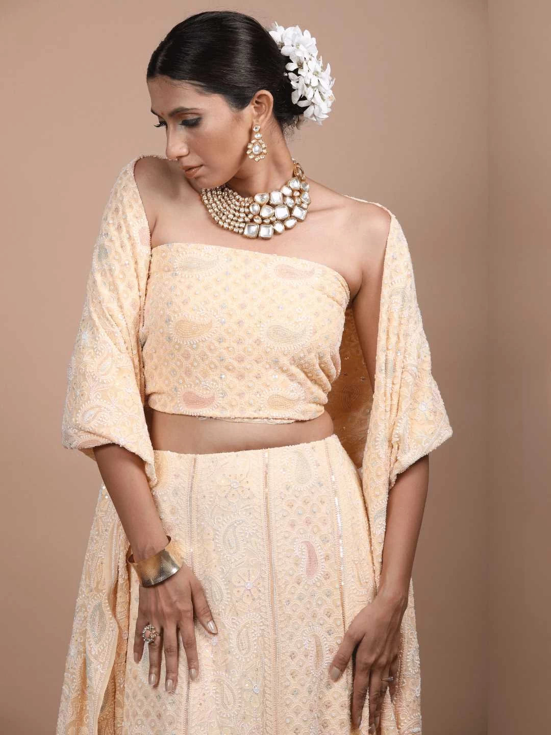Ada Hand Embroidered Peach Puff Pure Georgette Lucknowi Chikankari Lehenga Set with Cutdana Work 01A179117