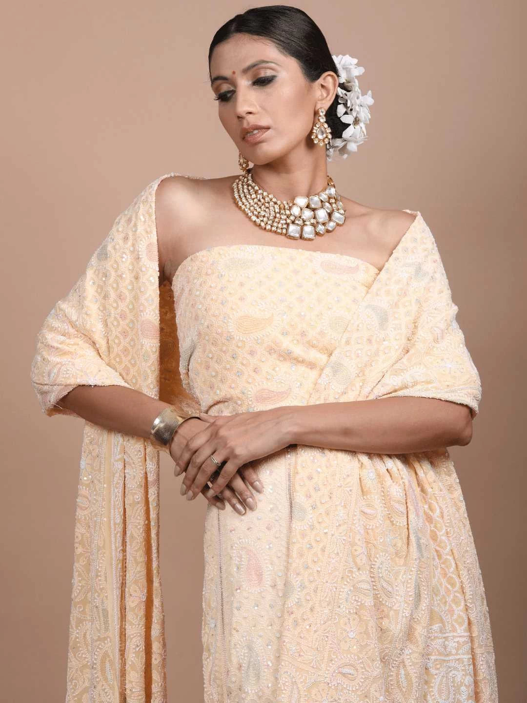 Ada Hand Embroidered Peach Puff Pure Georgette Lucknowi Chikankari Lehenga Set with Cutdana Work 01A179117