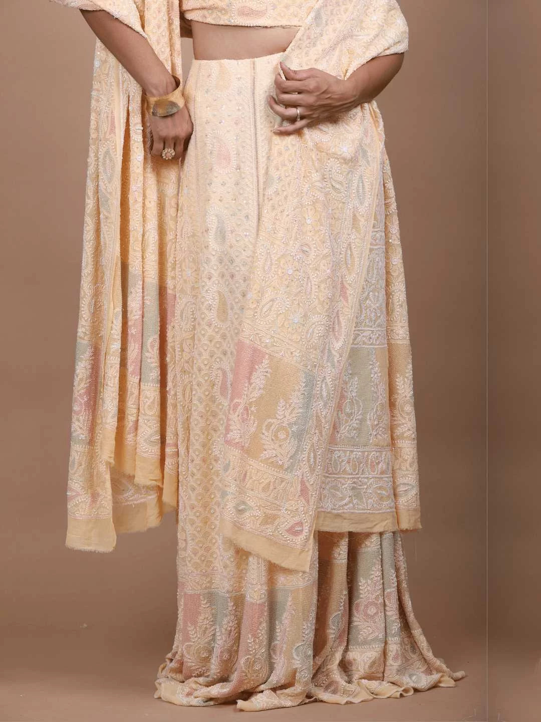 Ada Hand Embroidered Peach Puff Pure Georgette Lucknowi Chikankari Lehenga Set with Cutdana Work 01A179117