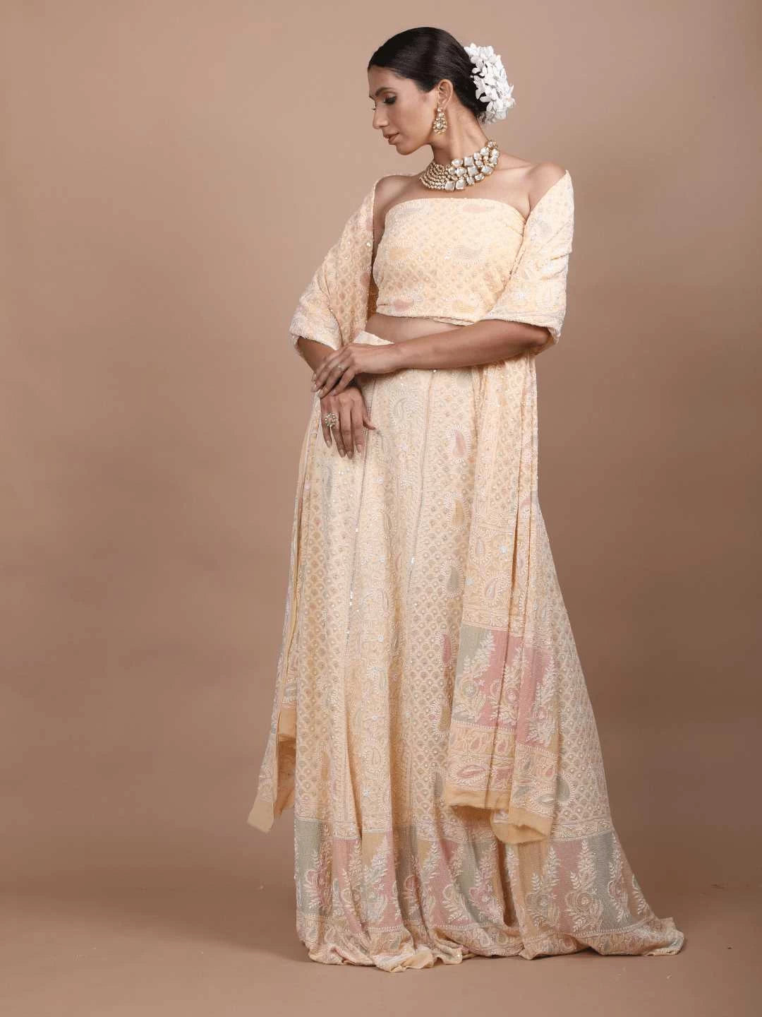 Ada Hand Embroidered Peach Puff Pure Georgette Lucknowi Chikankari Lehenga Set with Cutdana Work 01A179117