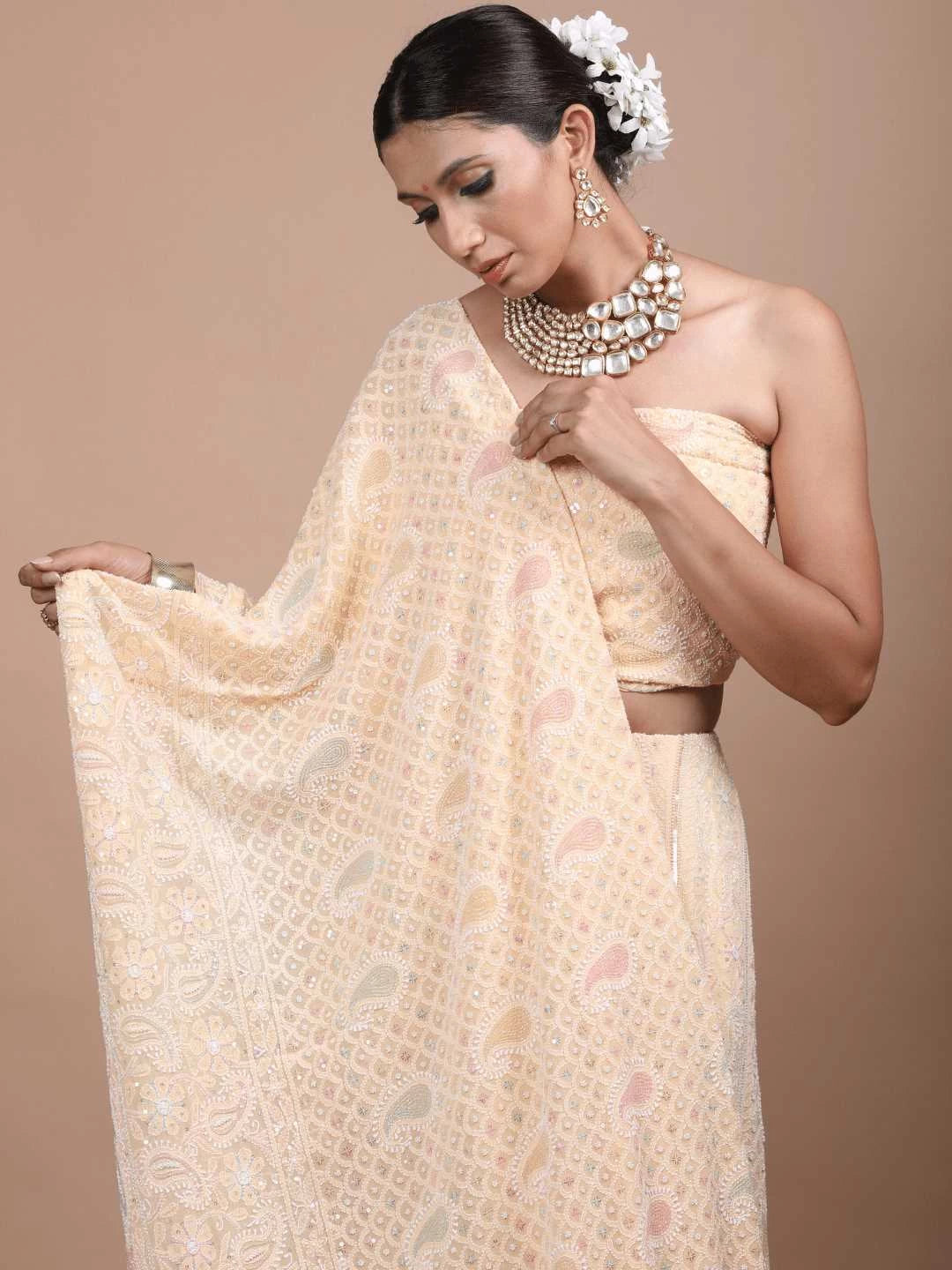 Ada Hand Embroidered Peach Puff Pure Georgette Lucknowi Chikankari Lehenga Set with Cutdana Work 01A179117