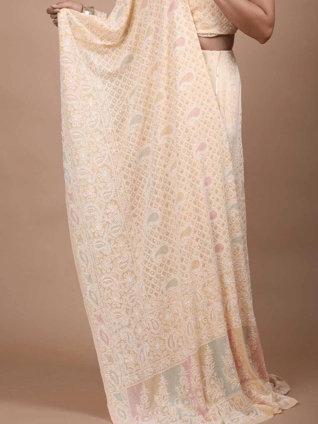 Ada Hand Embroidered Peach Puff Pure Georgette Lucknowi Chikankari Lehenga Set with Cutdana Work 01A179117