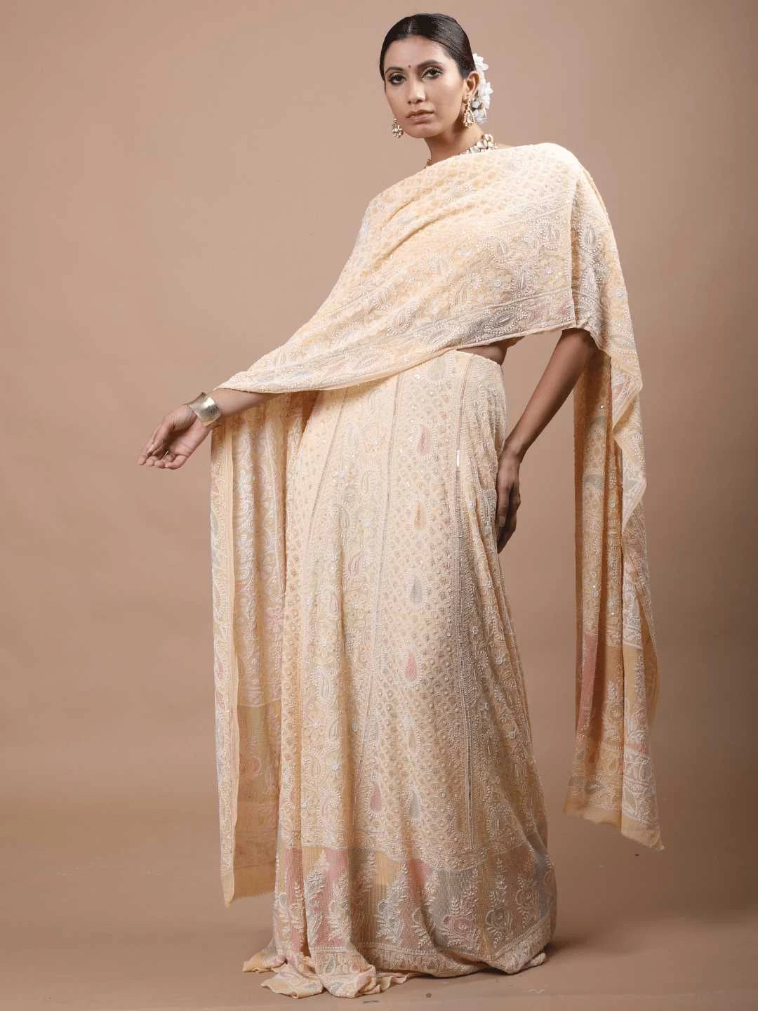Ada Hand Embroidered Peach Puff Pure Georgette Lucknowi Chikankari Lehenga Set with Cutdana Work 01A179117