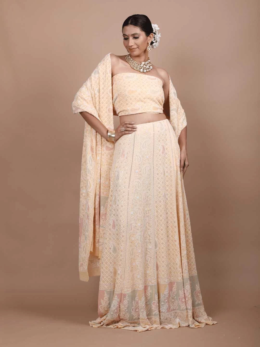 Ada Hand Embroidered Peach Puff Pure Georgette Lucknowi Chikankari Lehenga Set with Cutdana Work 01A179117