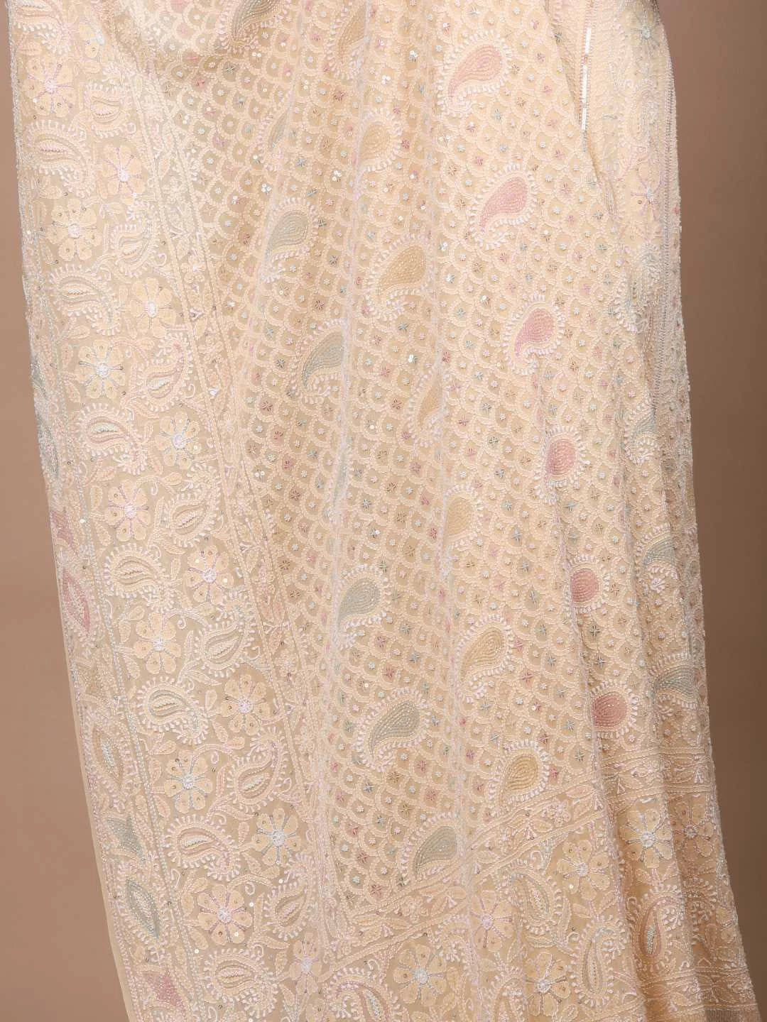 Ada Hand Embroidered Peach Puff Pure Georgette Lucknowi Chikankari Lehenga Set with Cutdana Work 01A179117