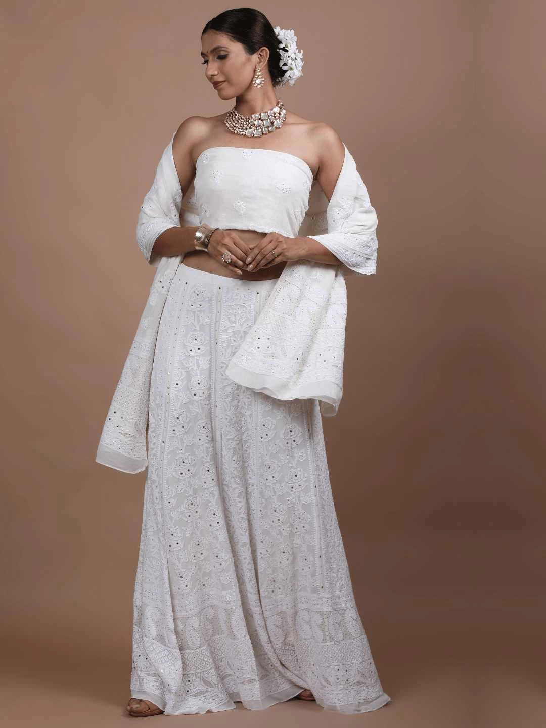 Ada Hand Embroidered White Pure Georgette Lucknowi Chikankari Lehenga Set with Muqaish Work 01A218611