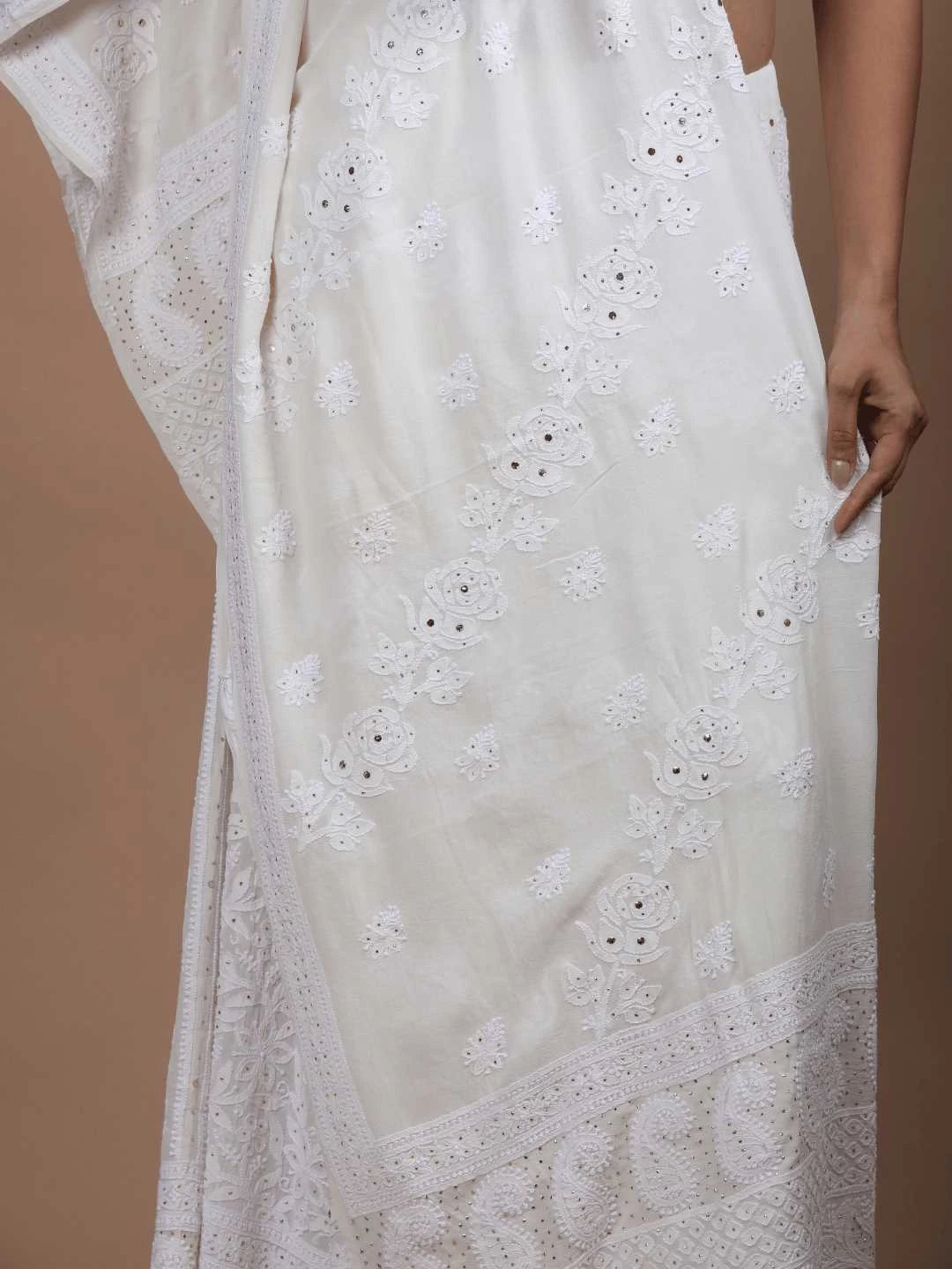 Ada Hand Embroidered White Pure Georgette Lucknowi Chikankari Lehenga Set with Muqaish Work 01A218611
