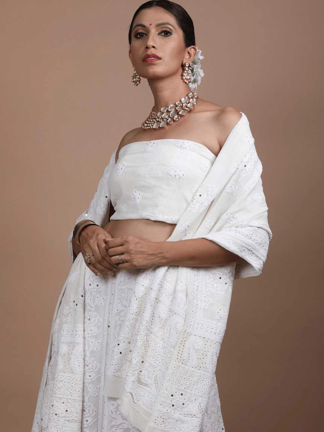 Ada Hand Embroidered White Pure Georgette Lucknowi Chikankari Lehenga Set with Muqaish Work 01A218611