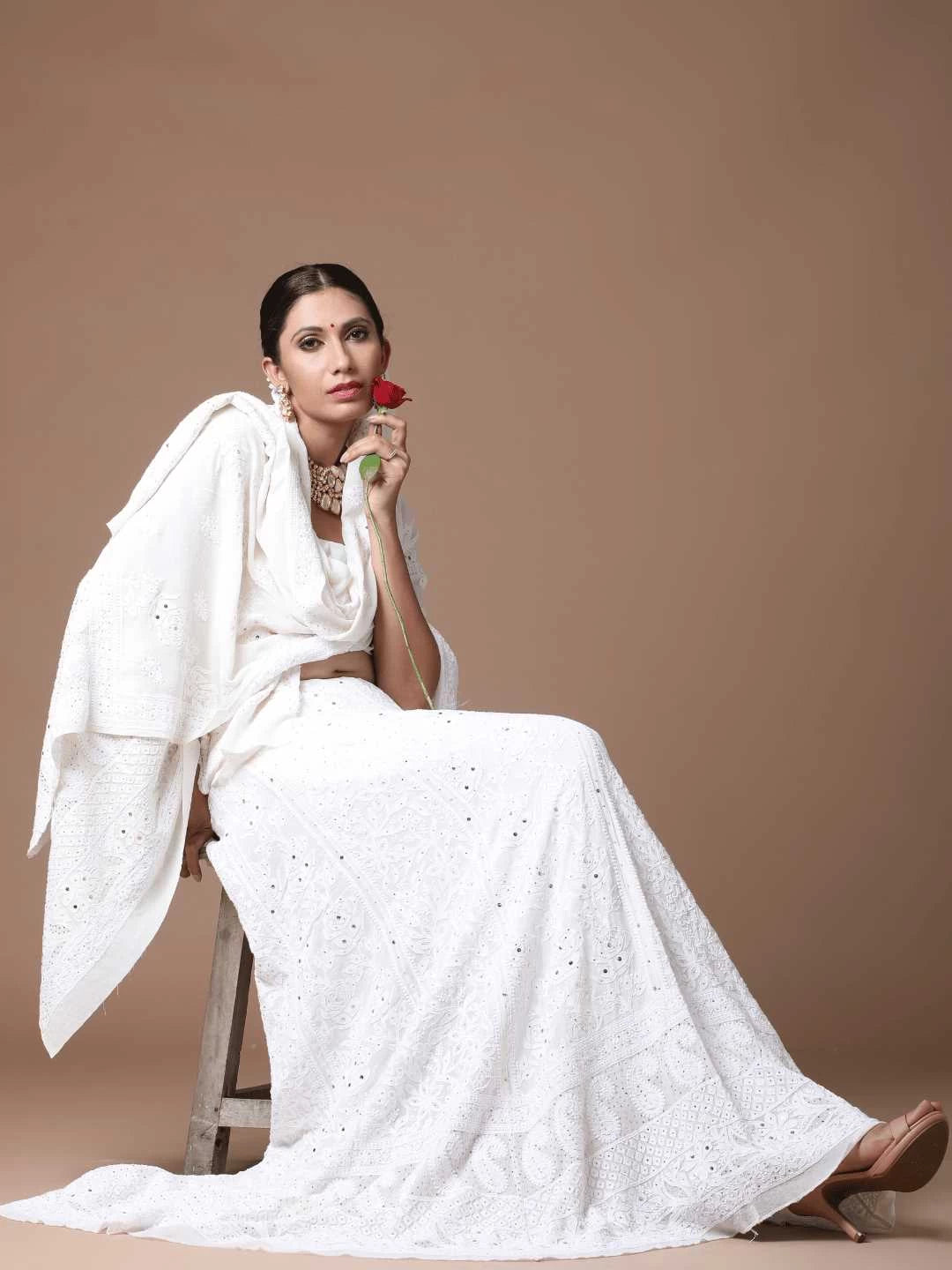 Ada Hand Embroidered White Pure Georgette Lucknowi Chikankari Lehenga Set with Muqaish Work 01A218611