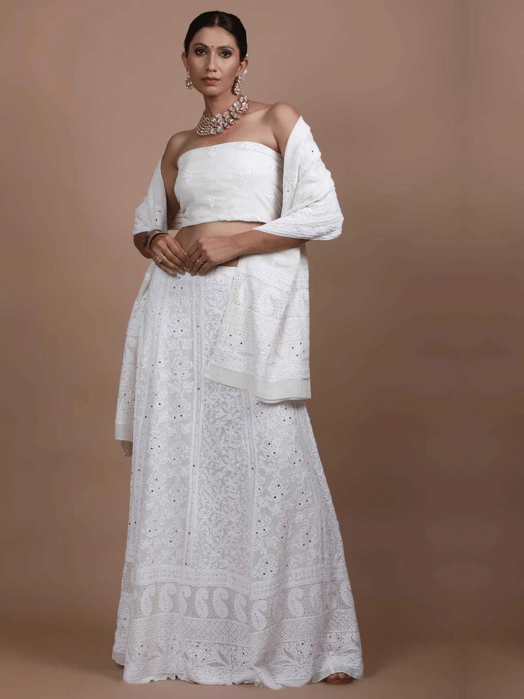 Ada Hand Embroidered White Pure Georgette Lucknowi Chikankari Lehenga Set with Muqaish Work 01A218611