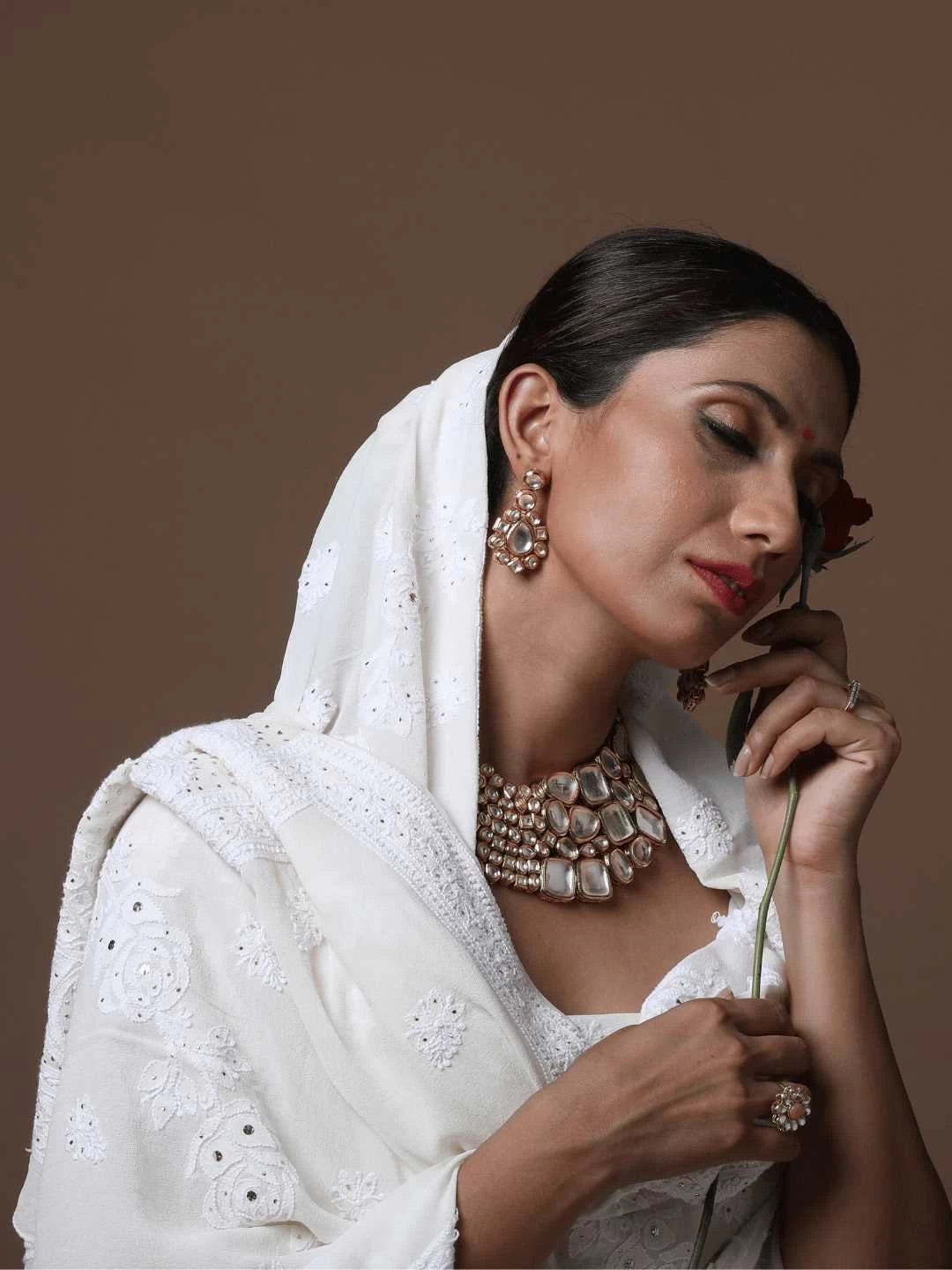 Ada Hand Embroidered White Pure Georgette Lucknowi Chikankari Lehenga Set with Muqaish Work 01A218611