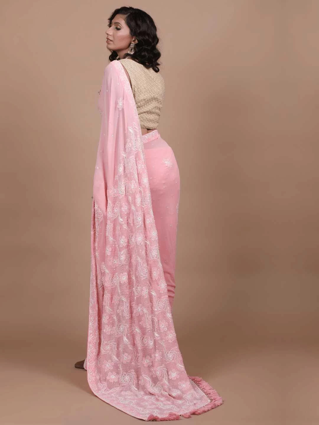 Ada Hand Embroidered Pink Pure Georgette Lucknowi Chikankari Saree/Blouse With Cutdana Work 01A112490