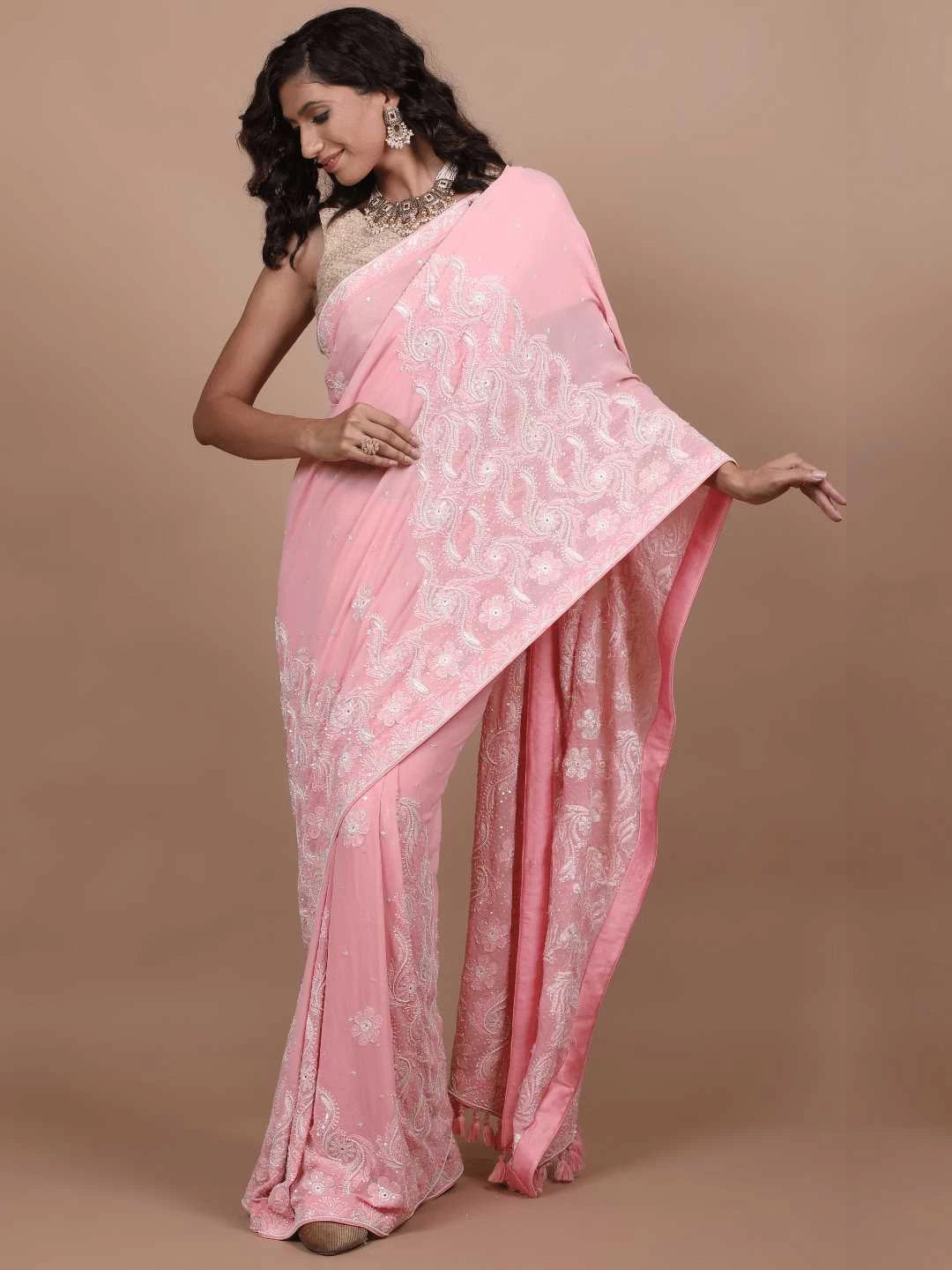 Ada Hand Embroidered Pink Pure Georgette Lucknowi Chikankari Saree/Blouse With Cutdana Work 01A112490