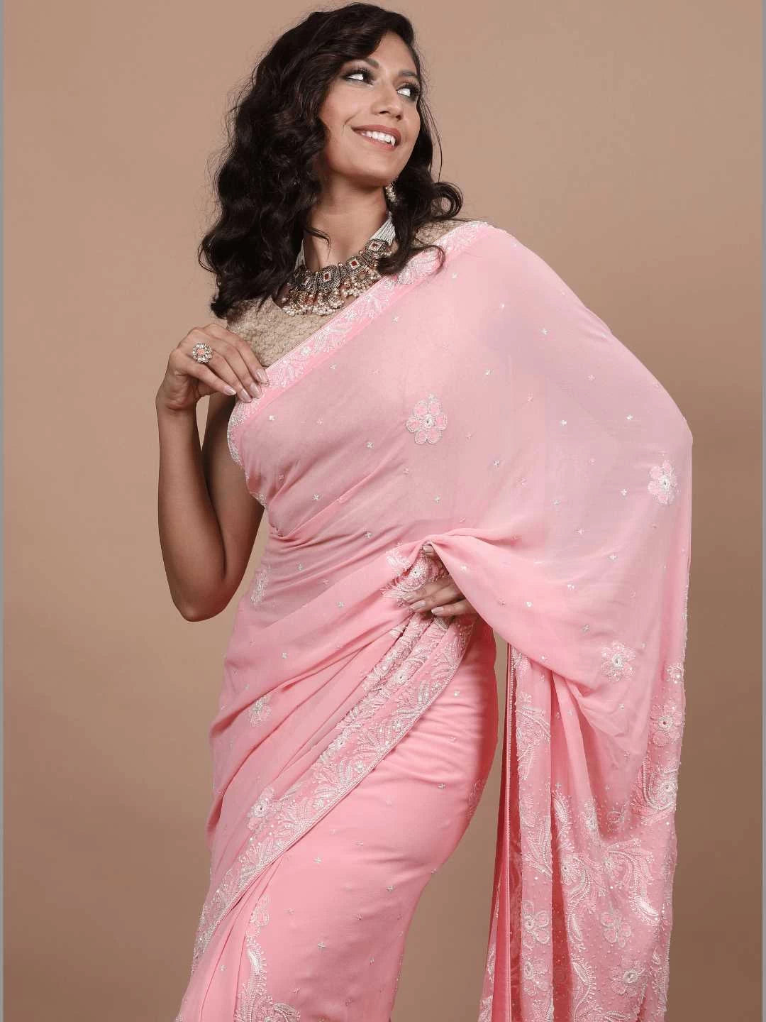 Ada Hand Embroidered Pink Pure Georgette Lucknowi Chikankari Saree/Blouse With Cutdana Work 01A112490