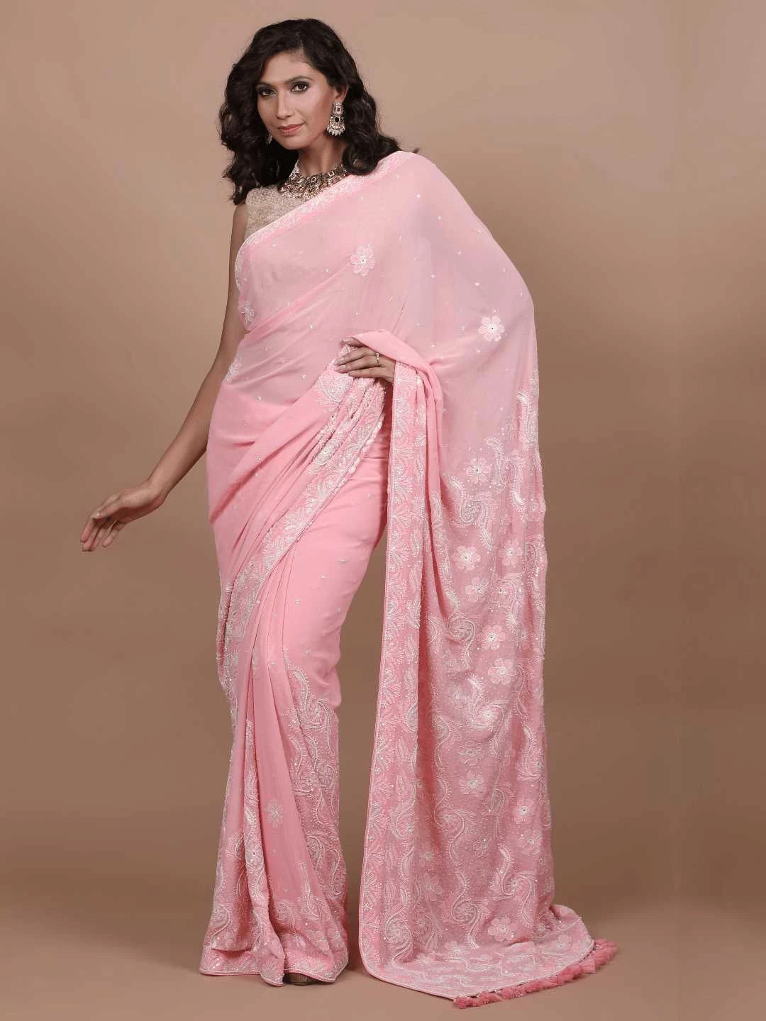 Ada Hand Embroidered Pink Pure Georgette Lucknowi Chikankari Saree/Blouse With Cutdana Work 01A112490