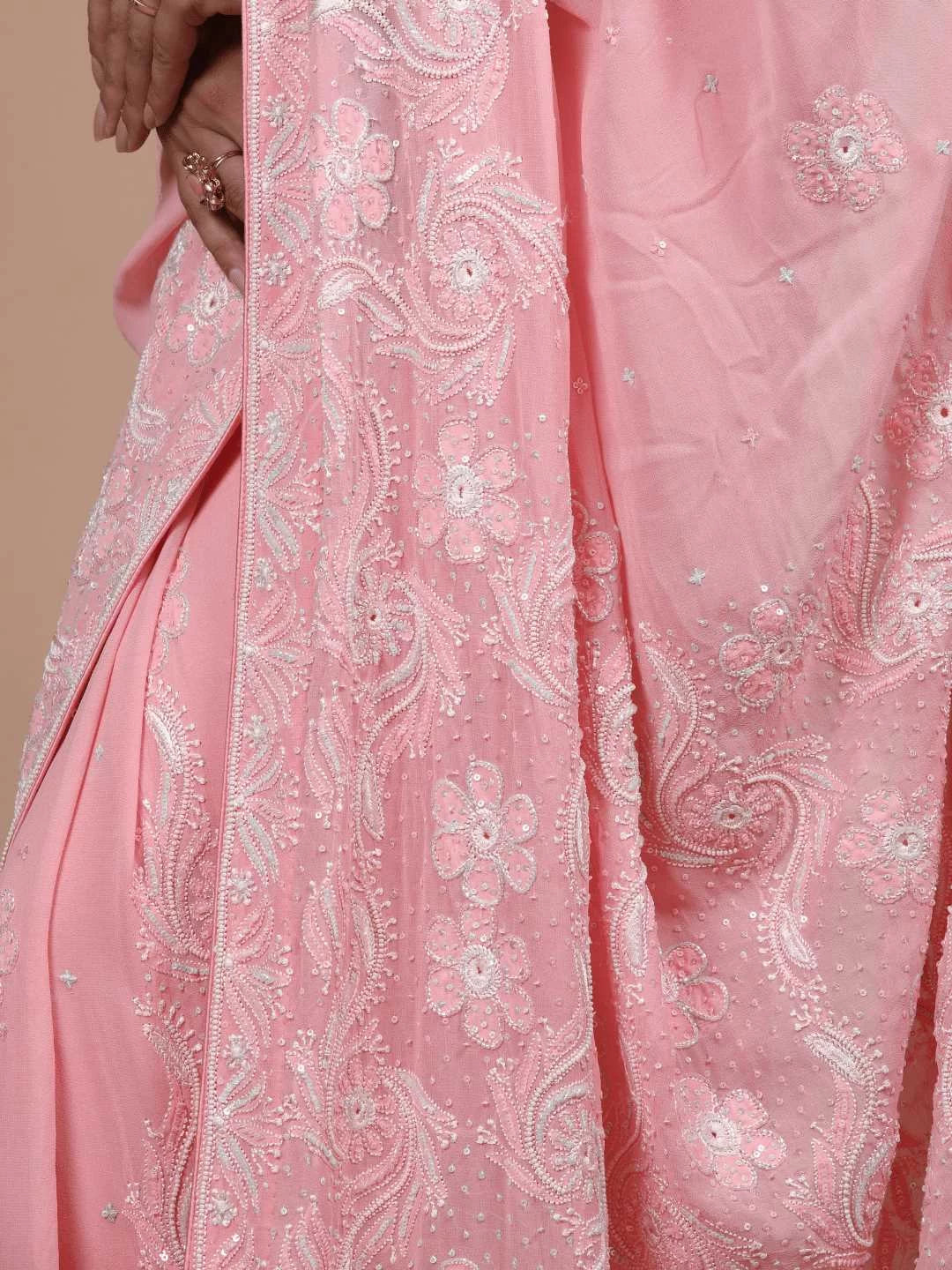 Ada Hand Embroidered Pink Pure Georgette Lucknowi Chikankari Saree/Blouse With Cutdana Work 01A112490
