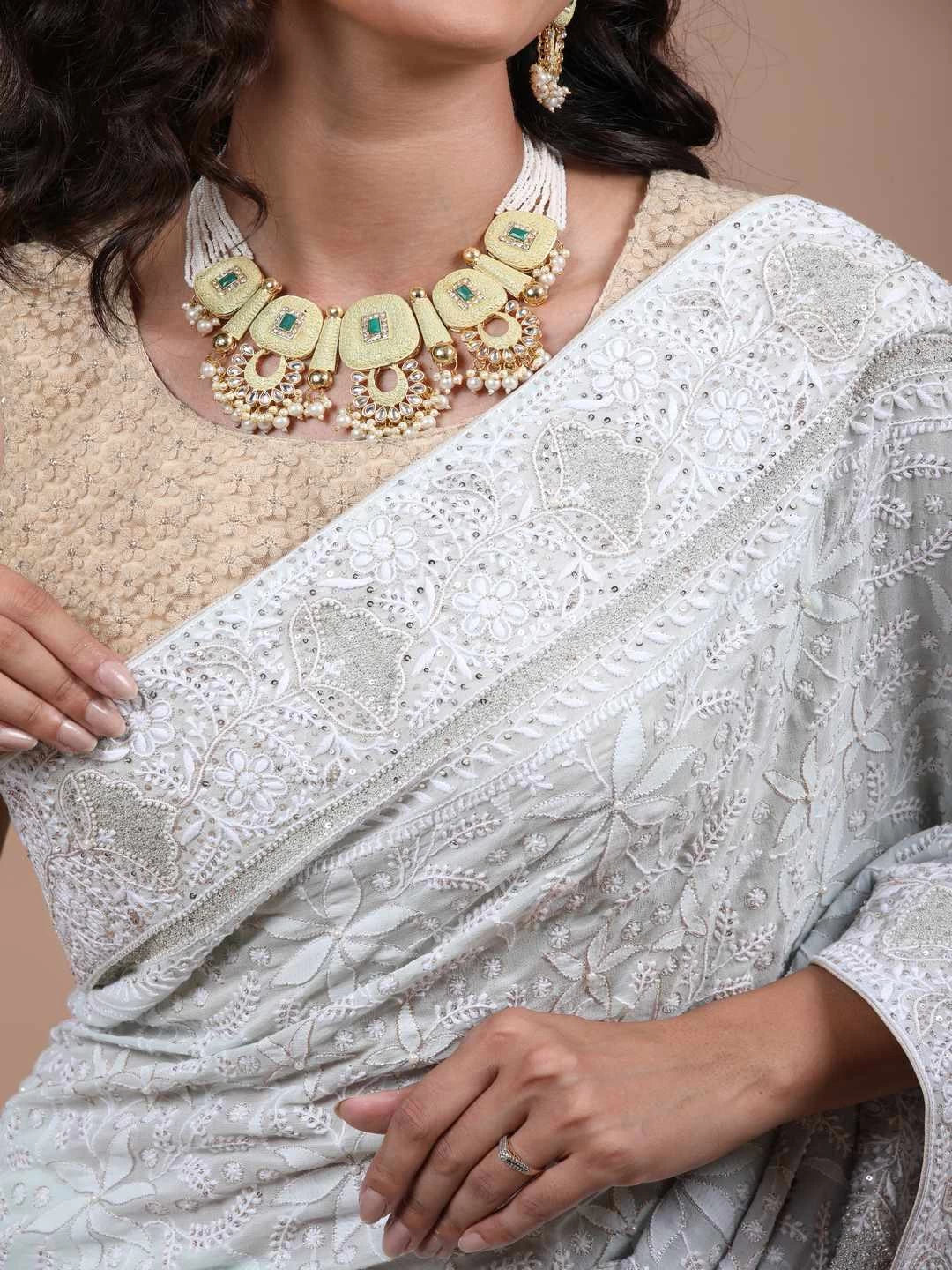 Ada Hand Embroidered Sea Green/Grey Georgette Lucknowi Chikankari Saree/Blouse With Sequinned Work A585833