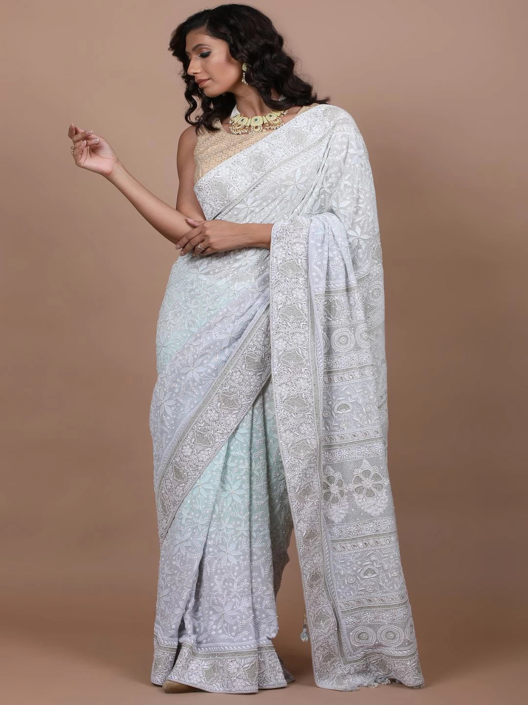 Ada Hand Embroidered Sea Green/Grey Georgette Lucknowi Chikankari Saree/Blouse With Sequinned Work A585833