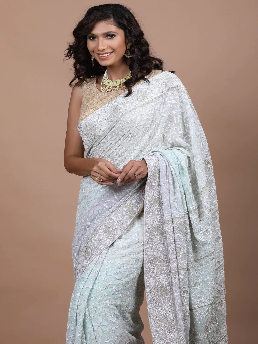 Ada Hand Embroidered Sea Green/Grey Georgette Lucknowi Chikankari Saree/Blouse With Sequinned Work A585833