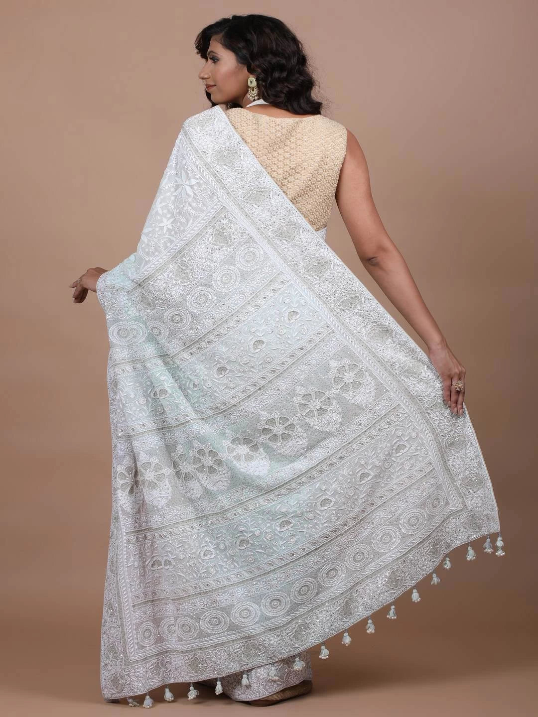 Ada Hand Embroidered Sea Green/Grey Georgette Lucknowi Chikankari Saree/Blouse With Sequinned Work A585833