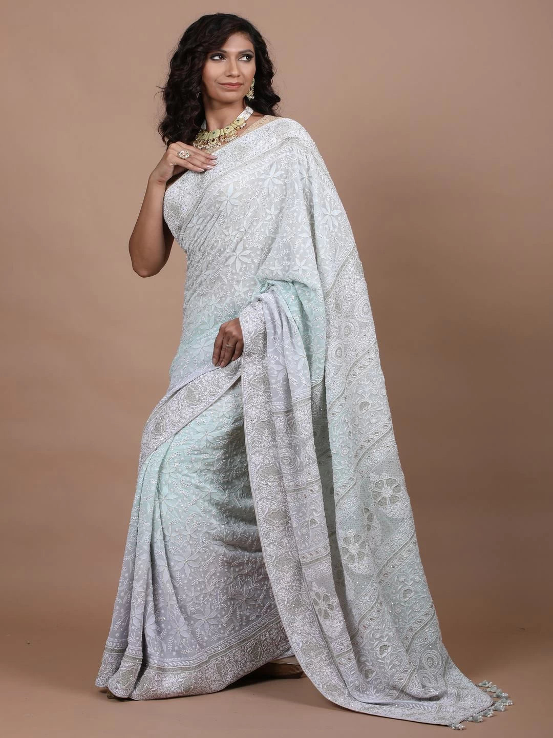 Ada Hand Embroidered Sea Green/Grey Georgette Lucknowi Chikankari Saree/Blouse With Sequinned Work A585833