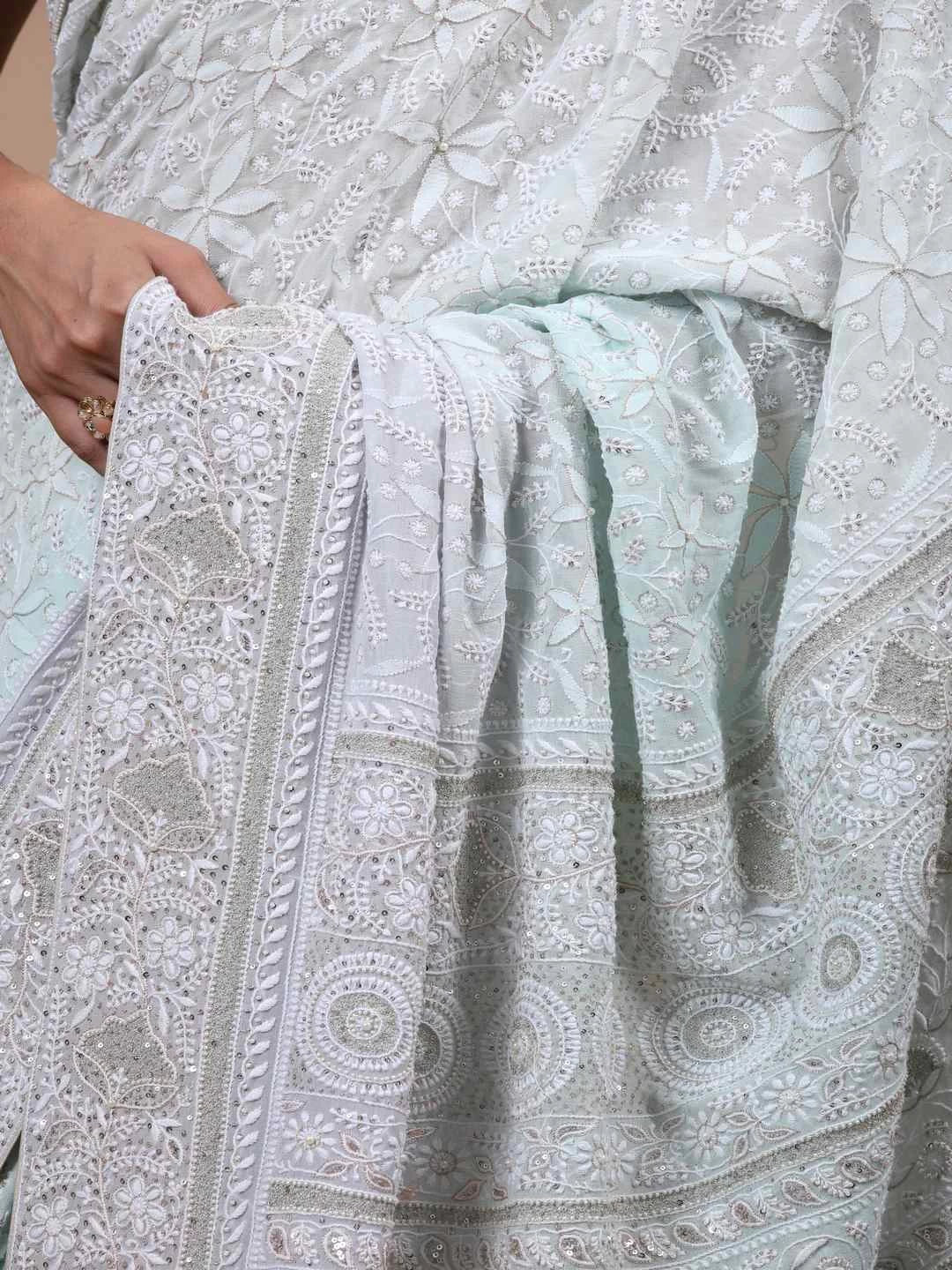 Ada Hand Embroidered Sea Green/Grey Georgette Lucknowi Chikankari Saree/Blouse With Sequinned Work A585833