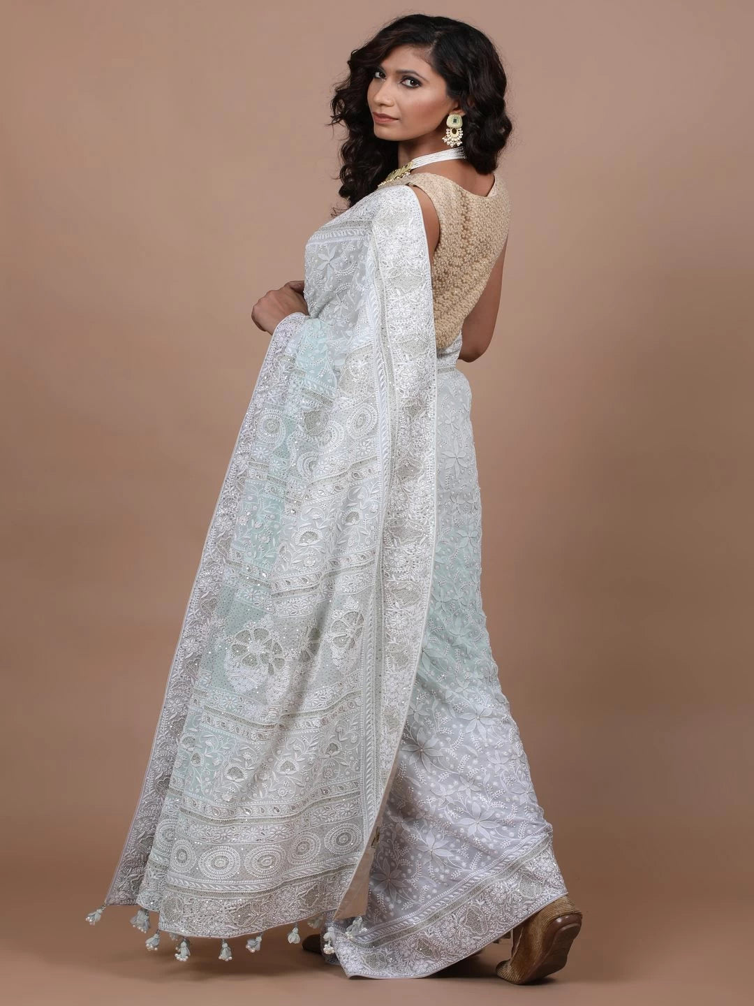 Ada Hand Embroidered Sea Green/Grey Georgette Lucknowi Chikankari Saree/Blouse With Sequinned Work A585833