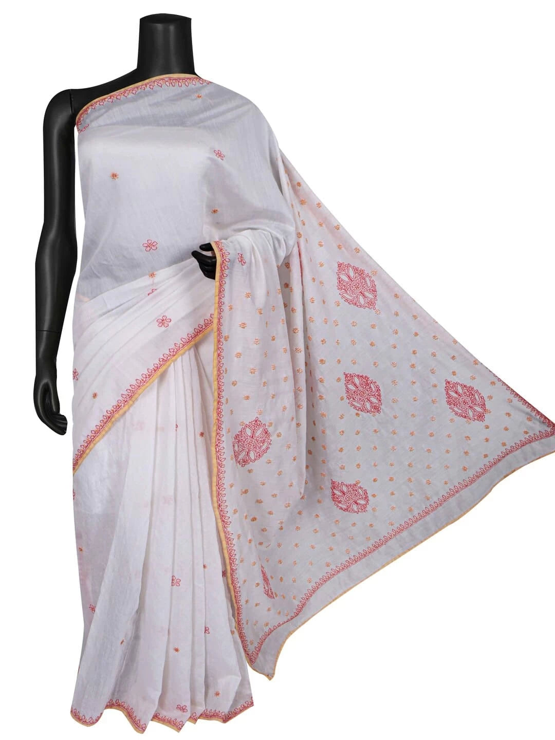 Ada Hand Embroidered White Chanderi Lucknowi Chikankari Saree With Blouse 01A227838