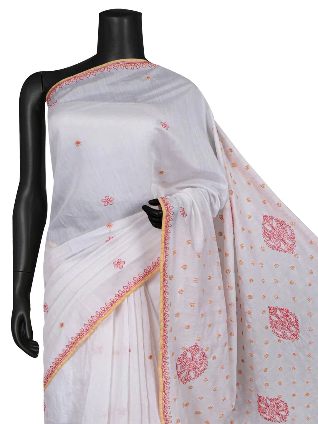 Ada Hand Embroidered White Chanderi Lucknowi Chikankari Saree With Blouse 01A227838