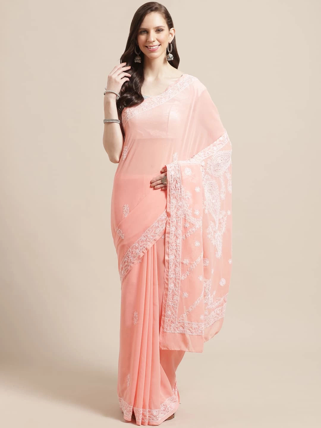 Ada Hand Embroidered Peach Georgette Lucknowi Chikankari Saree With Blouse A191789