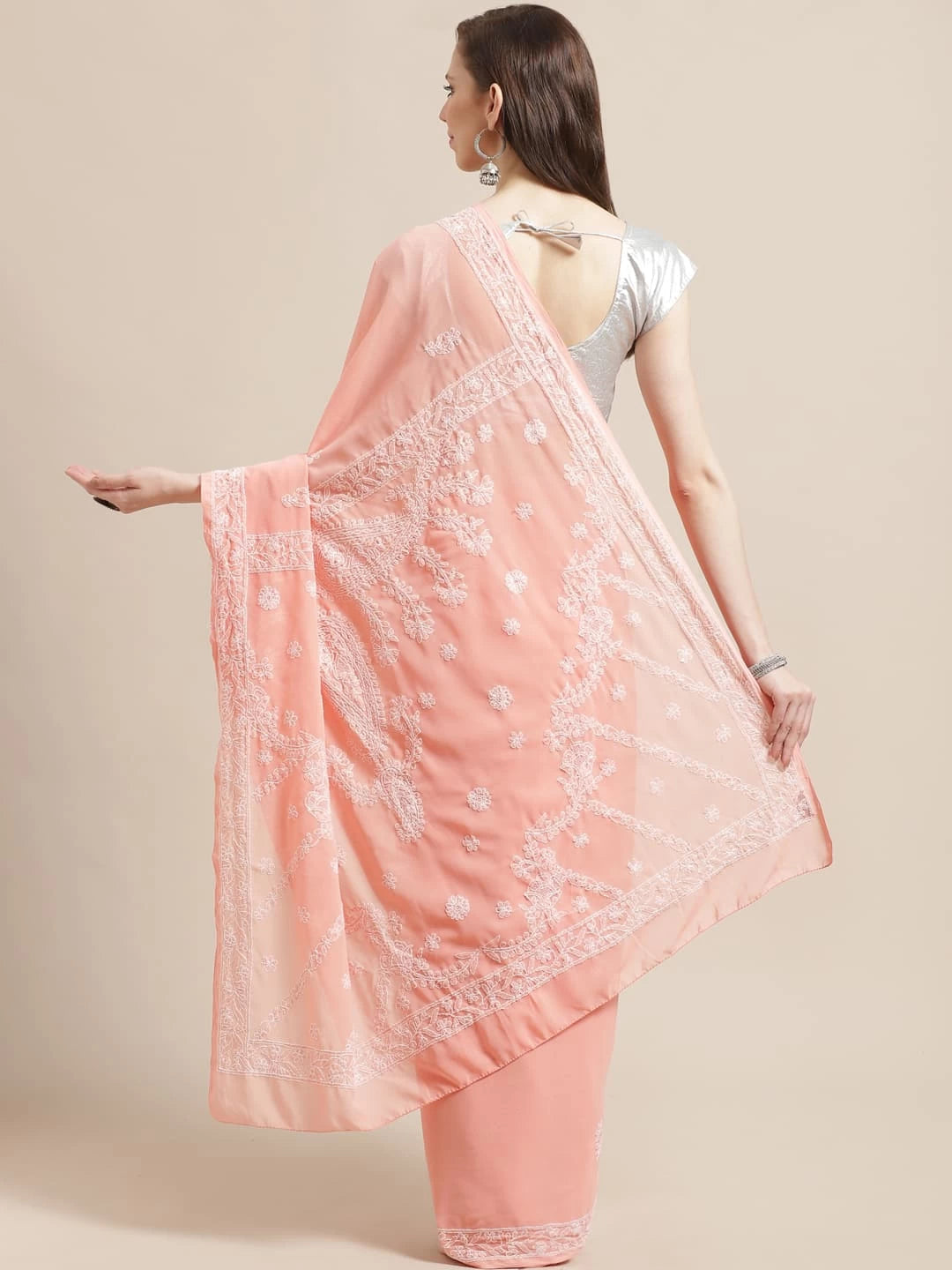 Ada Hand Embroidered Peach Georgette Lucknowi Chikankari Saree With Blouse A191789