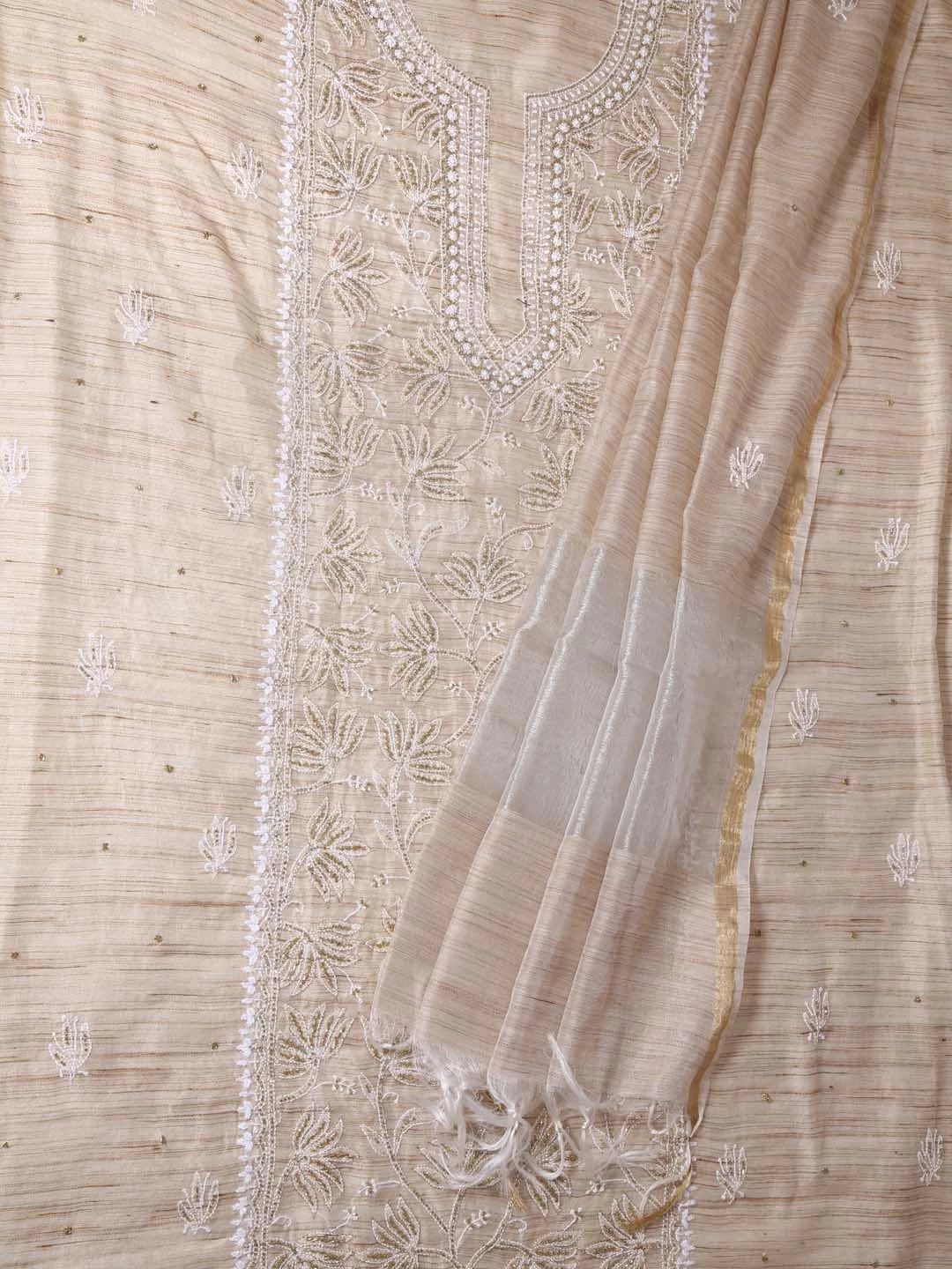 Ada Hand Embroidered Fawn Khadi Lucknowi Chikankari Unstitched Kurta Dupatta Set With Cutdana Work 01A362189