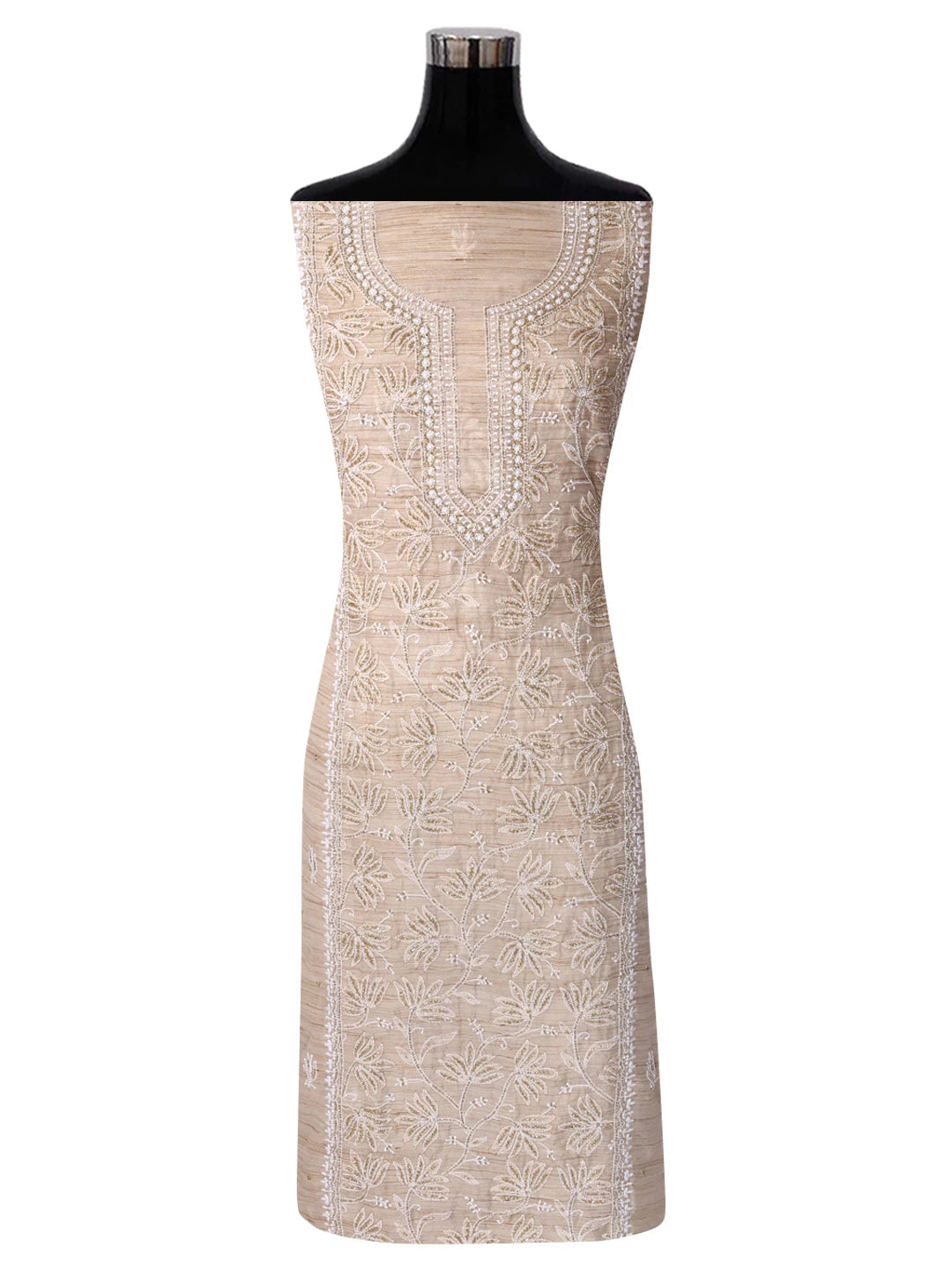 Ada Hand Embroidered Fawn Khadi Lucknowi Chikankari Unstitched Kurta Dupatta Set With Cutdana Work 01A362189