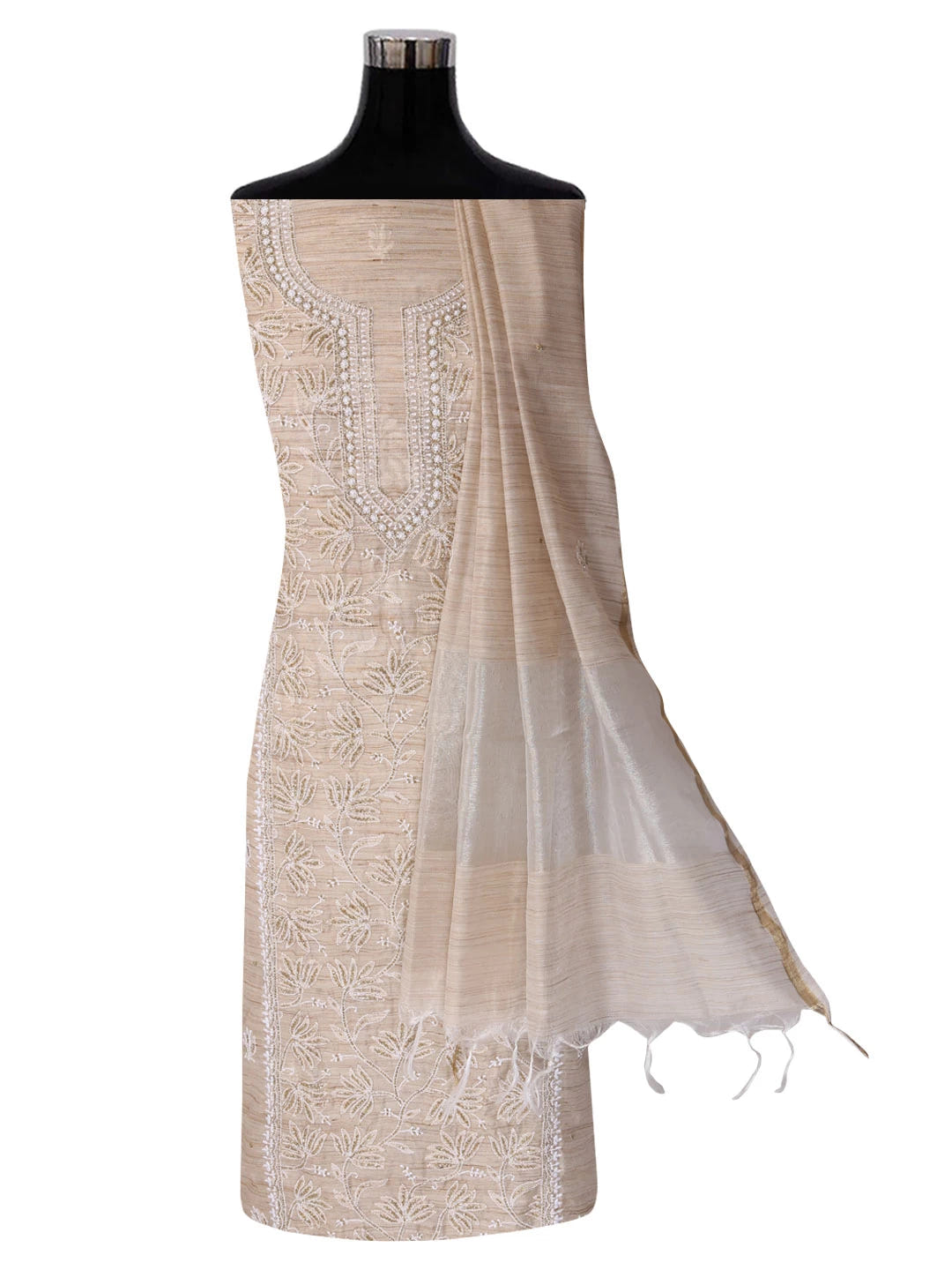 Ada Hand Embroidered Fawn Khadi Lucknowi Chikankari Unstitched Kurta Dupatta Set With Cutdana Work 01A362189