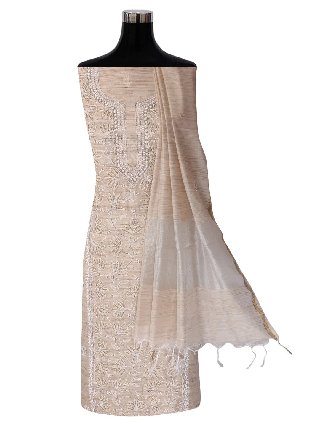 Ada Hand Embroidered Fawn Khadi Lucknowi Chikankari Unstitched Kurta Dupatta Set With Cutdana Work 01A362189