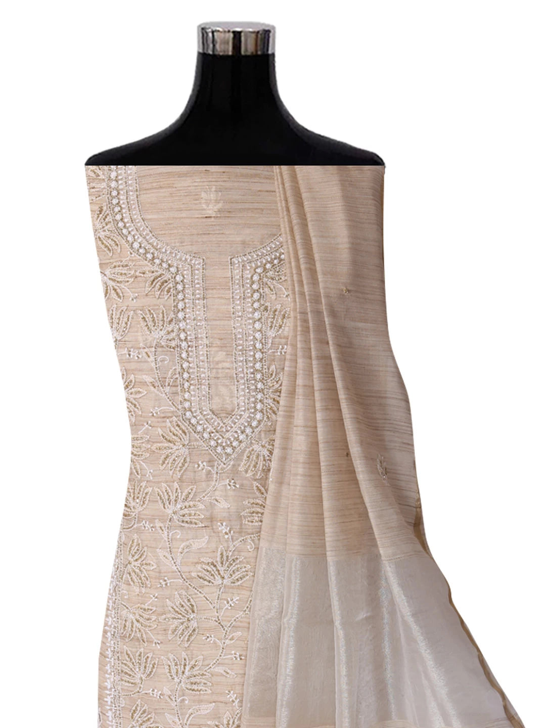 Ada Hand Embroidered Fawn Khadi Lucknowi Chikankari Unstitched Kurta Dupatta Set With Cutdana Work 01A362189