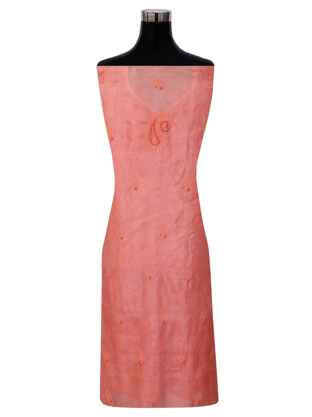 Ada Hand Embroidered Salmon Peach Silk Lucknowi Chikankari Semi-stitched Suit Set 01A368197