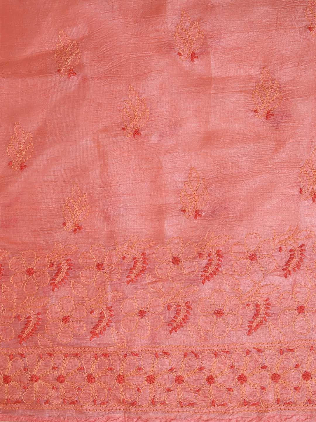 Ada Hand Embroidered Salmon Peach Silk Lucknowi Chikankari Semi-stitched Suit Set 01A368197