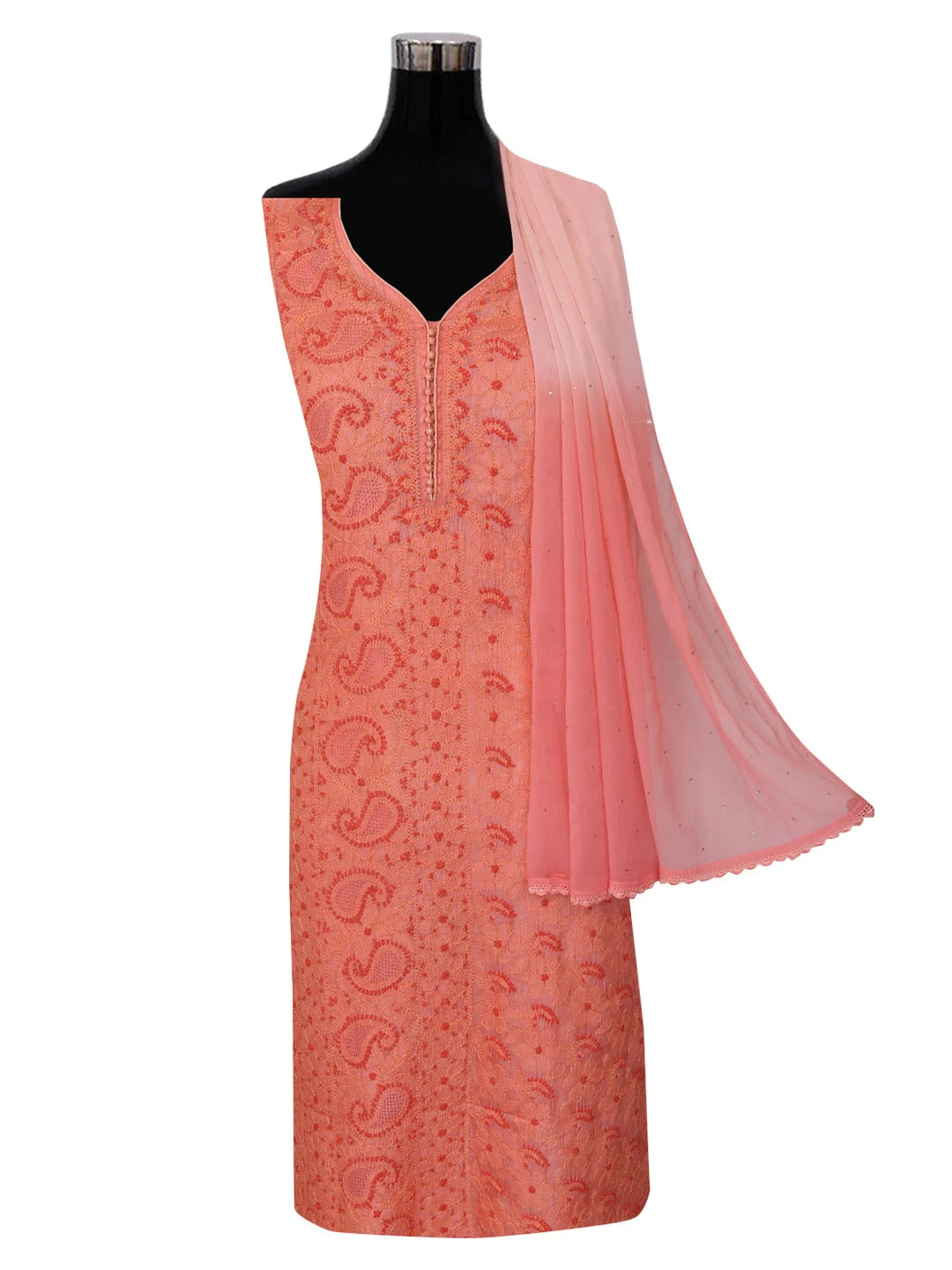 Ada Hand Embroidered Salmon Peach Silk Lucknowi Chikankari Semi-stitched Suit Set 01A368197