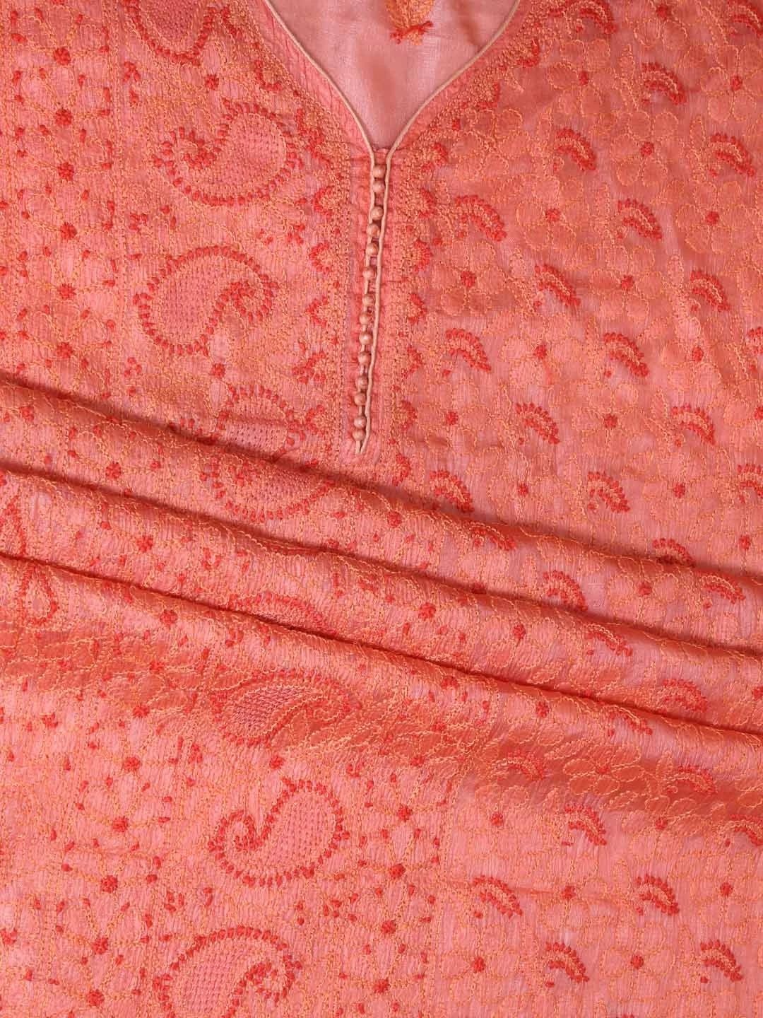 Ada Hand Embroidered Salmon Peach Silk Lucknowi Chikankari Semi-stitched Suit Set 01A368197