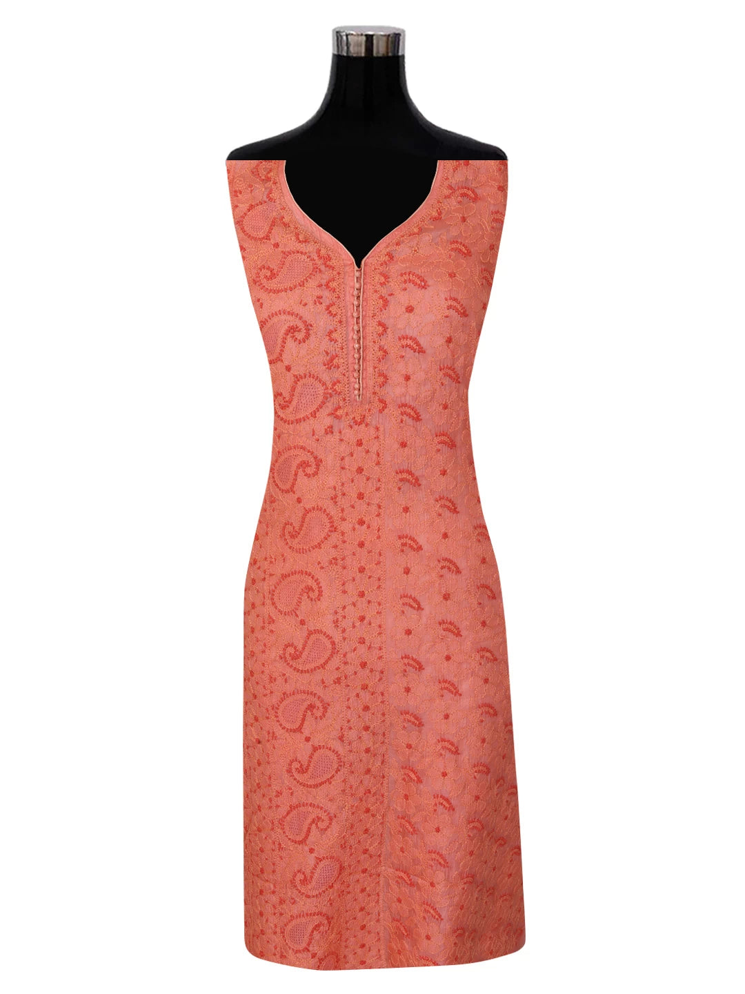 Ada Hand Embroidered Salmon Peach Silk Lucknowi Chikankari Semi-stitched Suit Set 01A368197