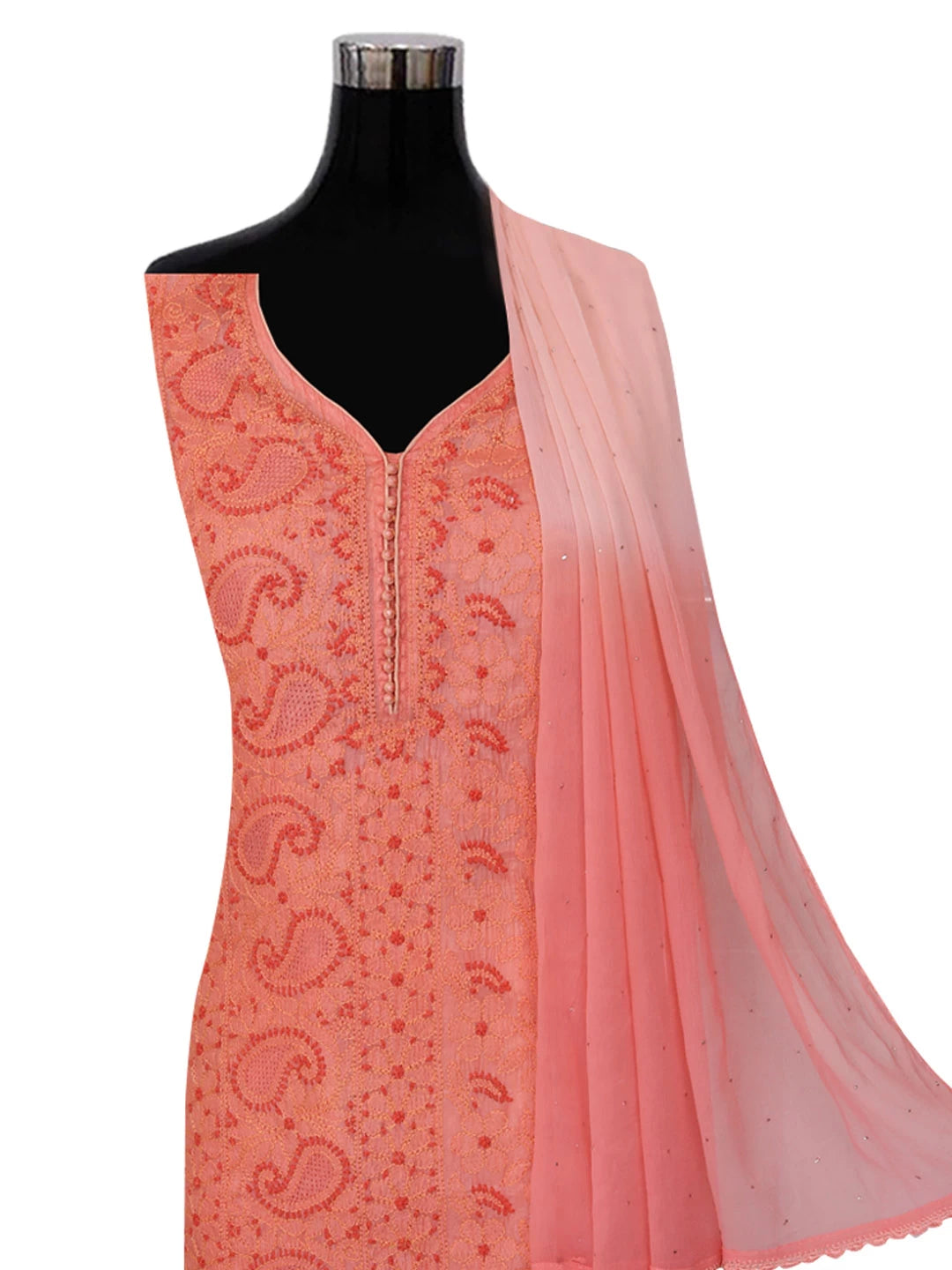 Ada Hand Embroidered Salmon Peach Silk Lucknowi Chikankari Semi-stitched Suit Set 01A368197