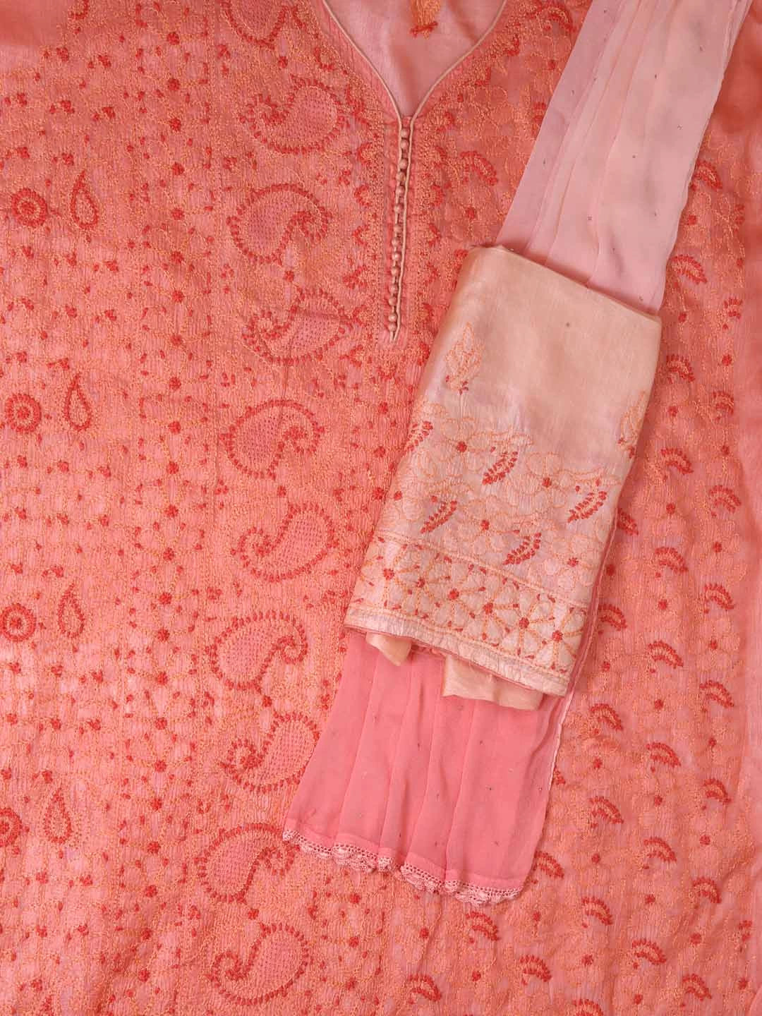 Ada Hand Embroidered Salmon Peach Silk Lucknowi Chikankari Semi-stitched Suit Set 01A368197